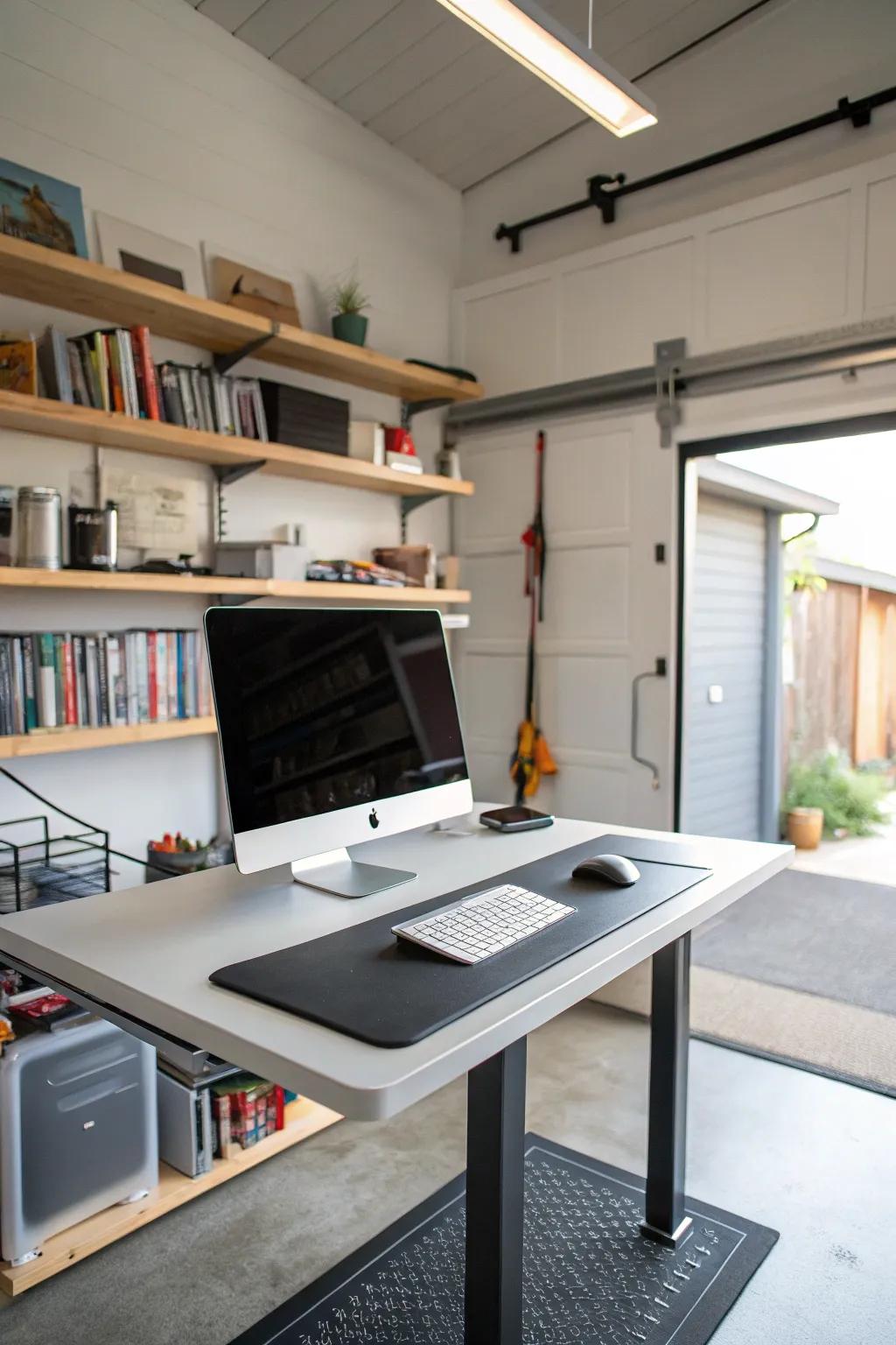 A standing desk encourages movement and supports health in the office.