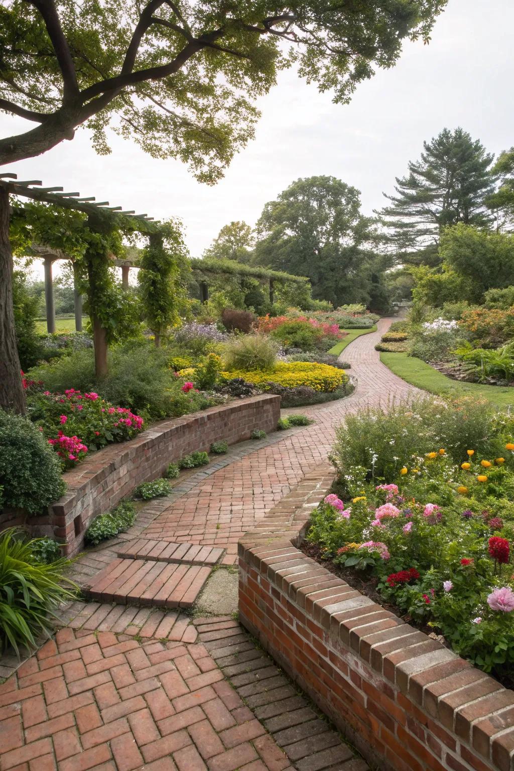 Brick bordering neatly framing flower beds and pathways in a garden.