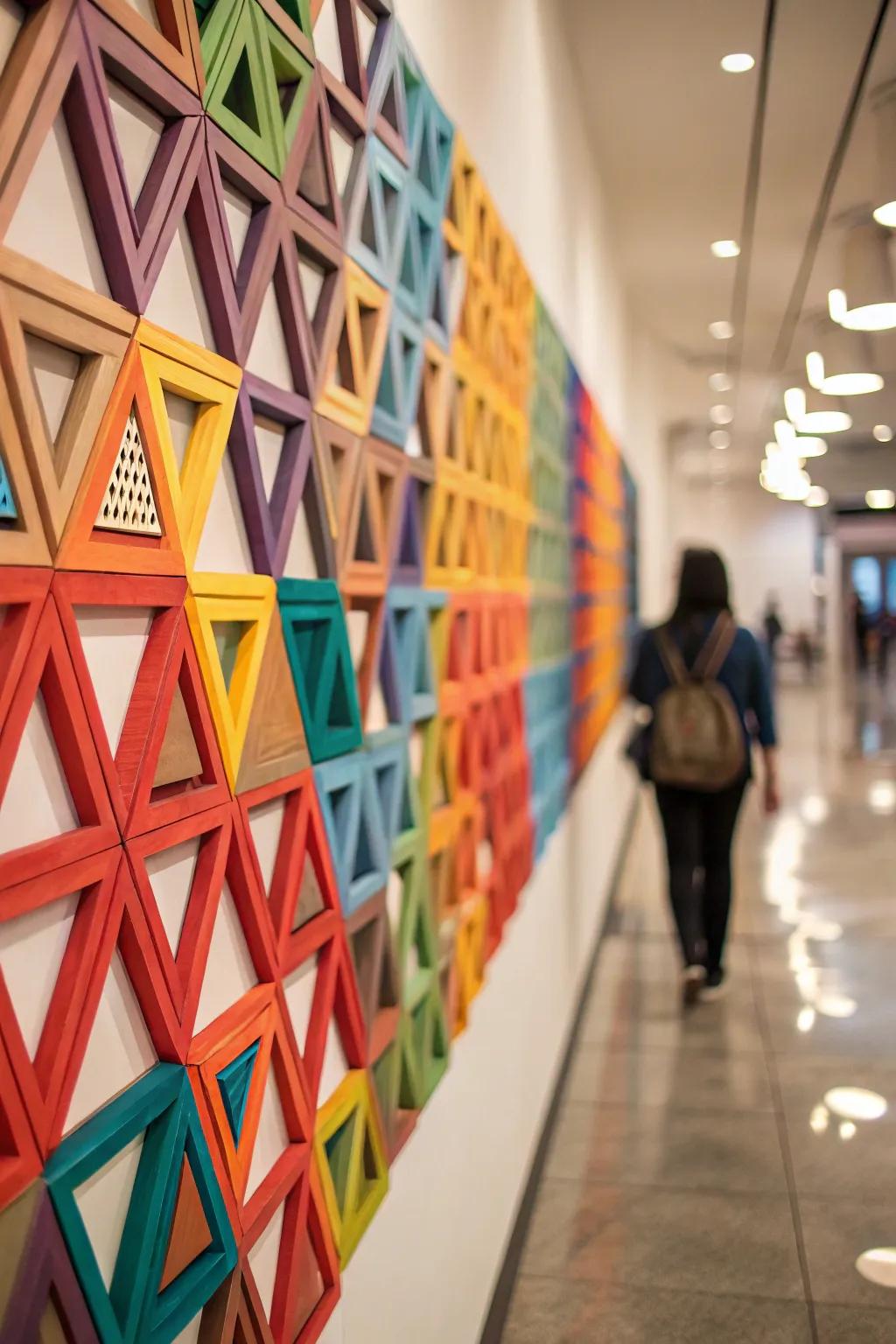 The depth and intrigue of the room is enhanced with layered geometric art.