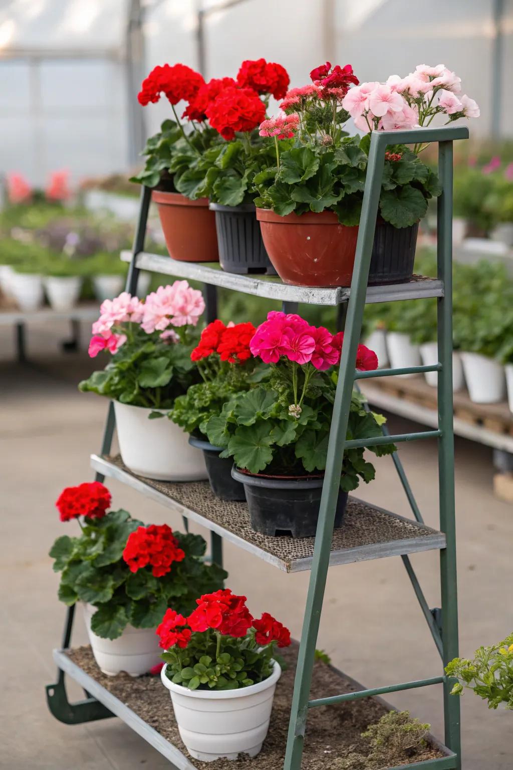 A stepped bed display showcasing a variety of geraniums in assorted pots.