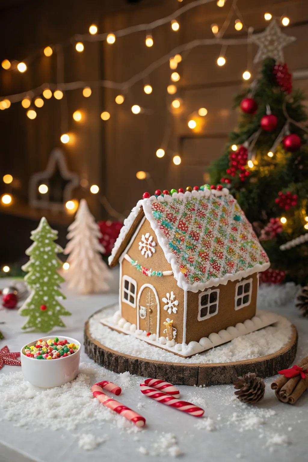 Sprinkle tiles bring joy and color to gingerbread house roofs.