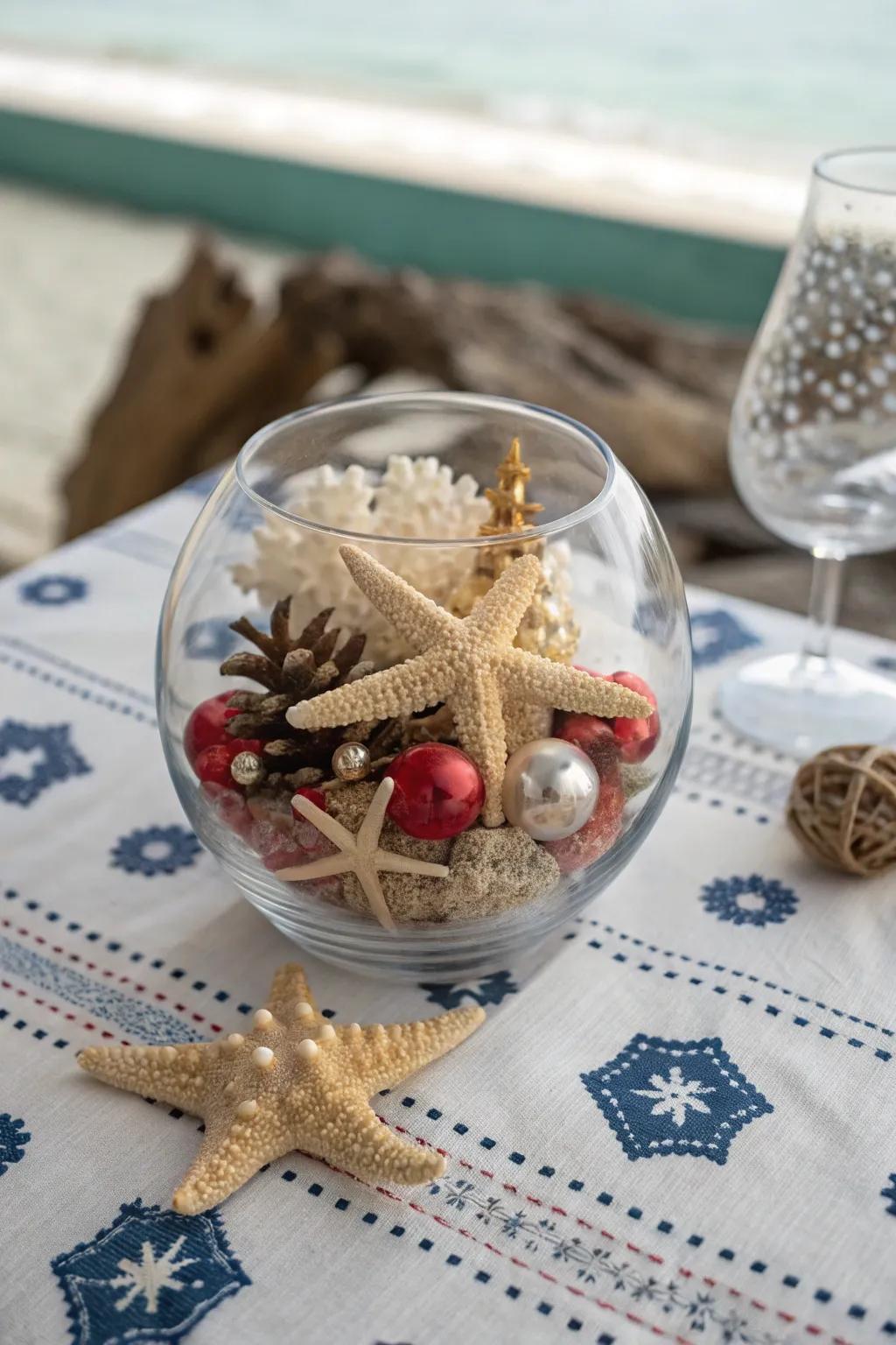 A beach-inspired Christmas decoration in a glass bowl.