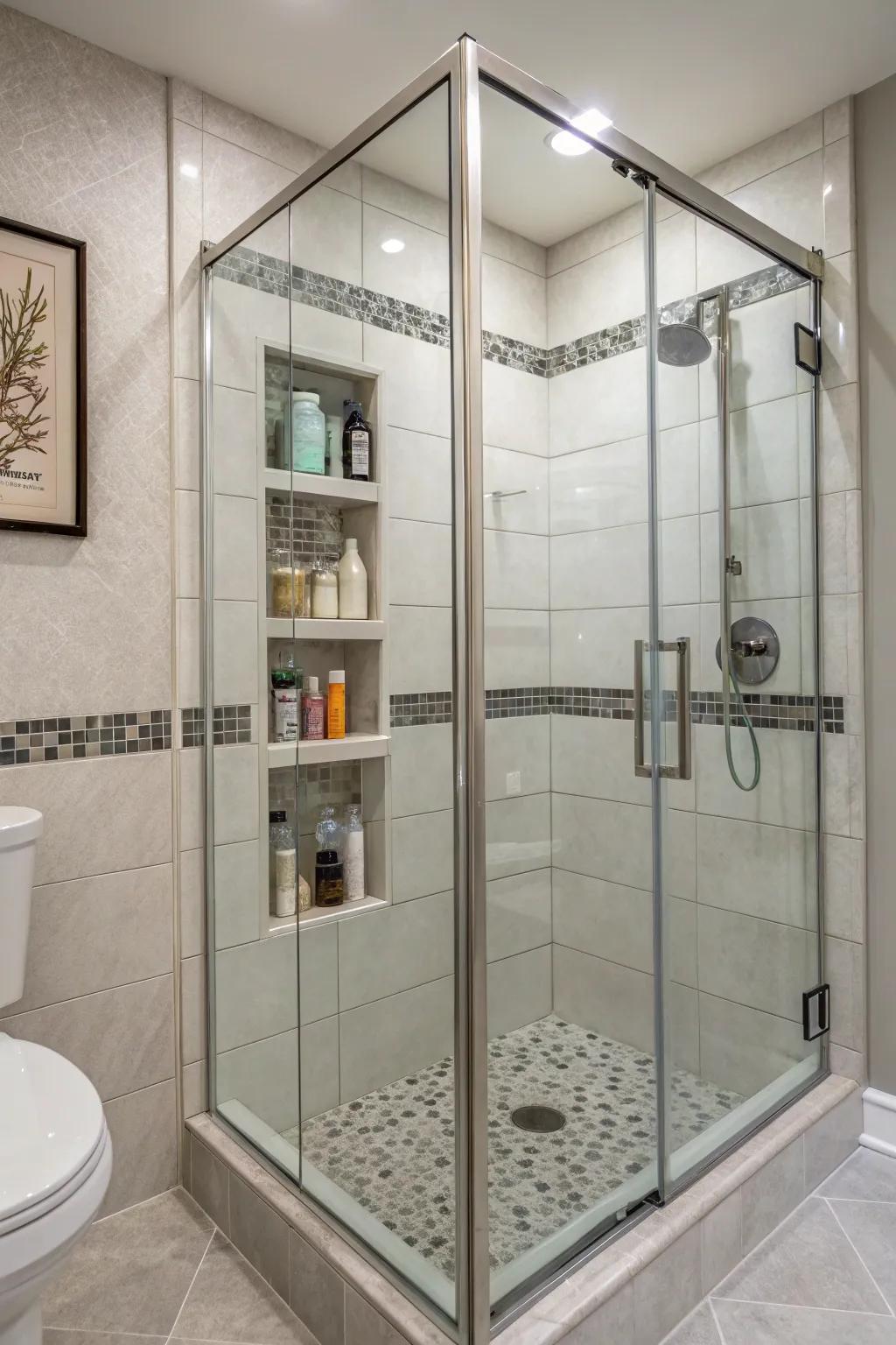 Inset niches provide clever storage strategies for a tidy shower area.