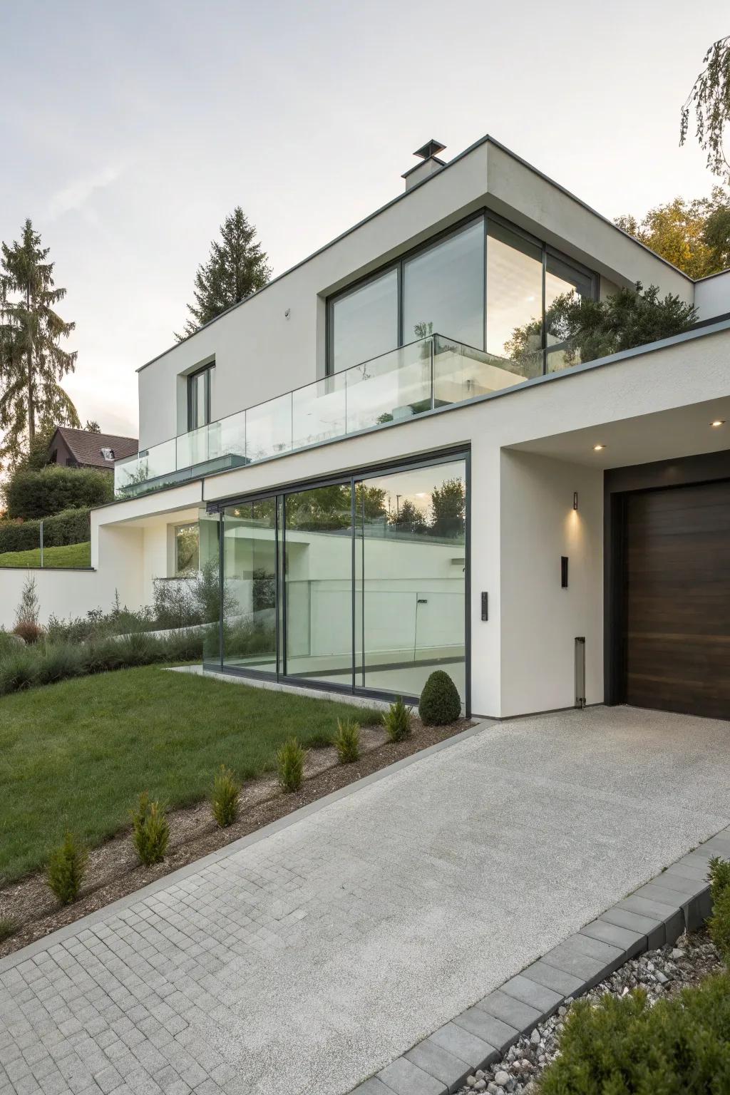 A minimalist home features a frameless glass garage door.