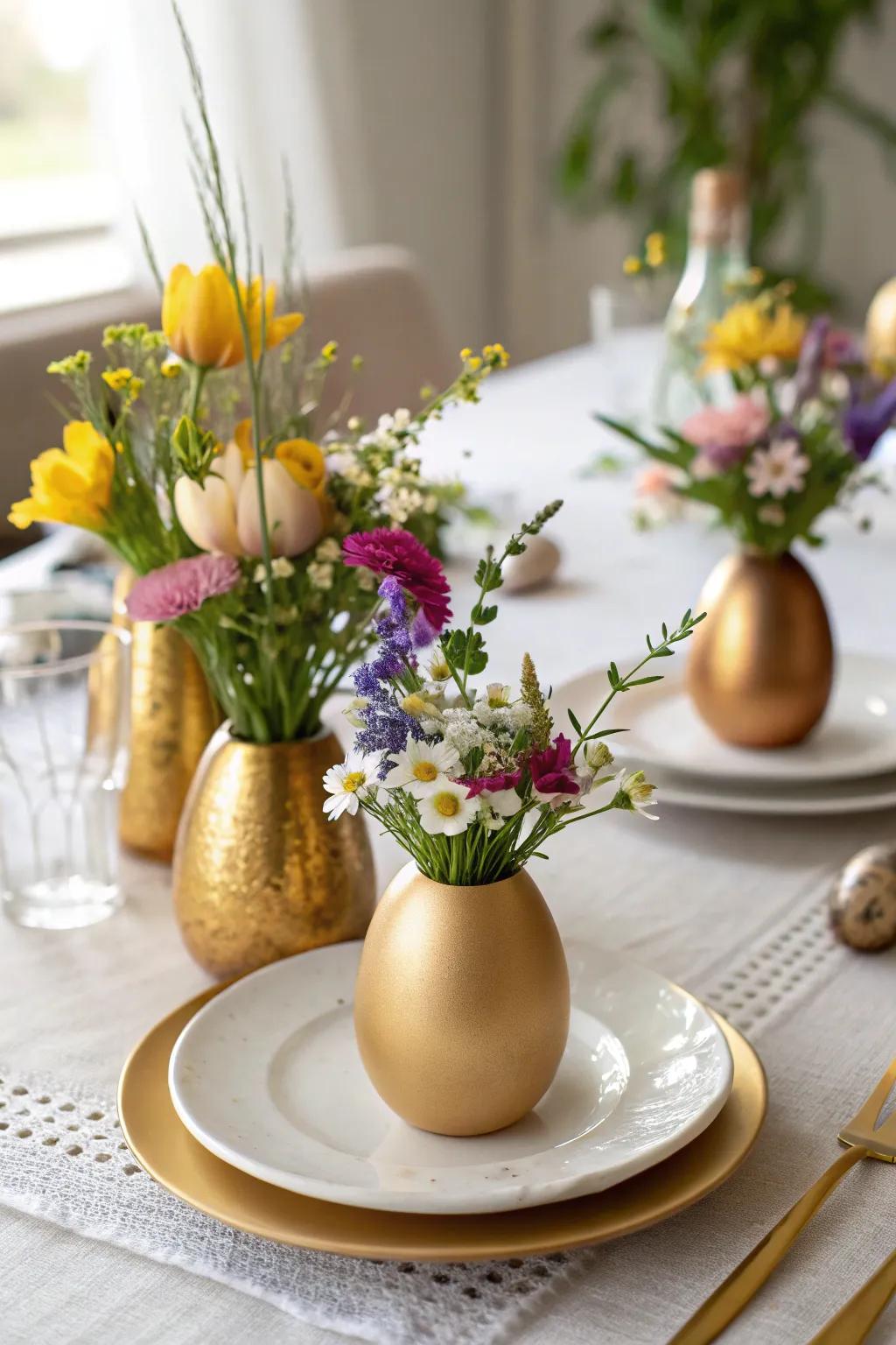 Gilded egg vases proffer a rejuvenating floral accent to your aesthetic.