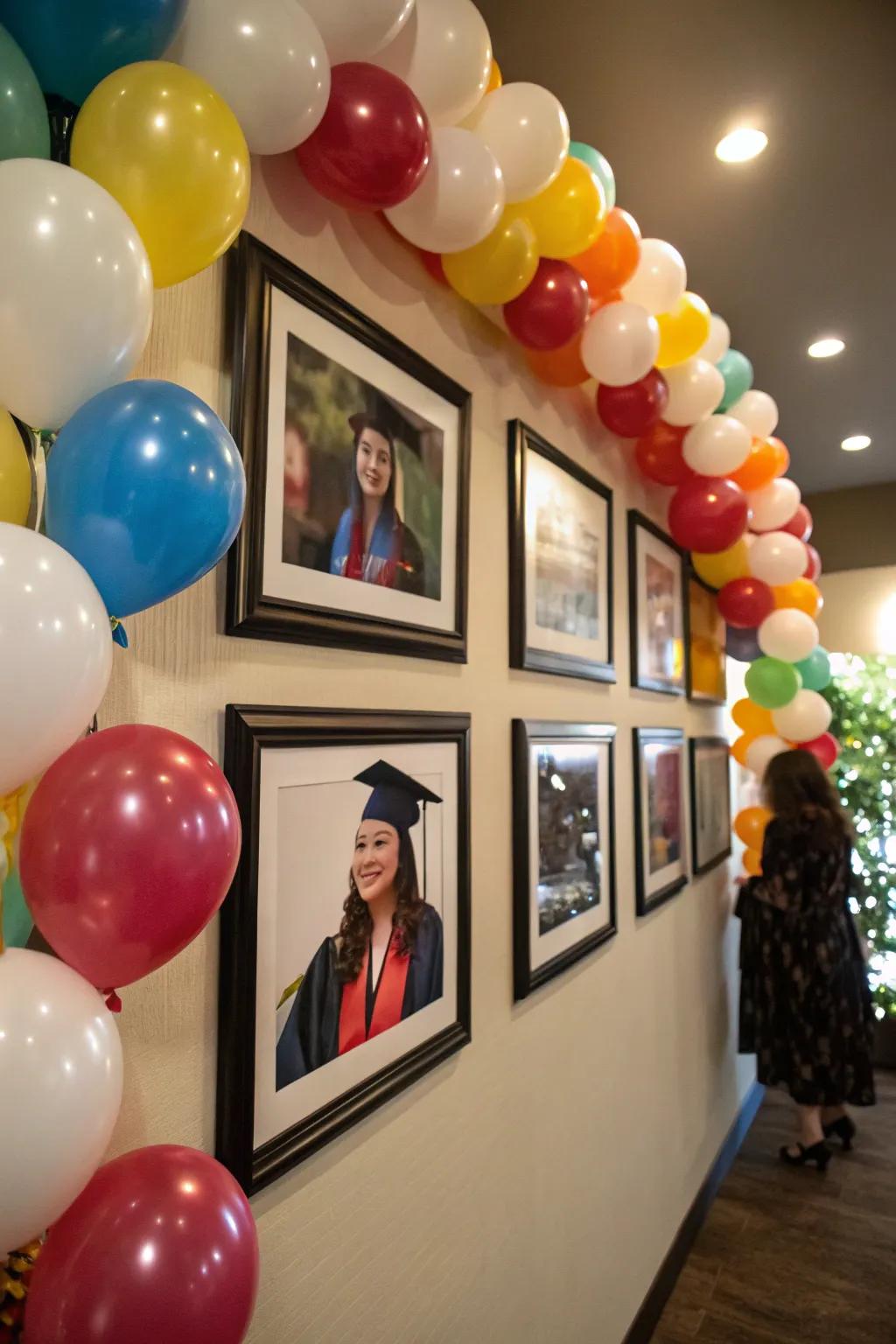 A touching balloon wall exhibits memories and achievements.