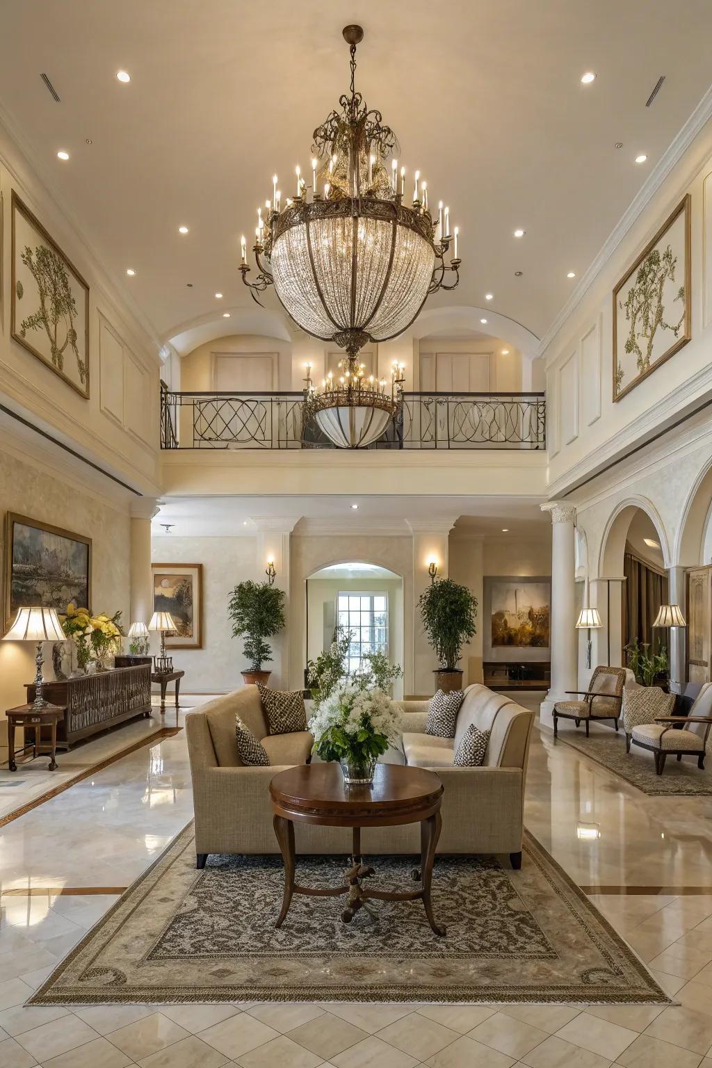 Symmetrical arrangements create a harmonious and balanced grand entryway.