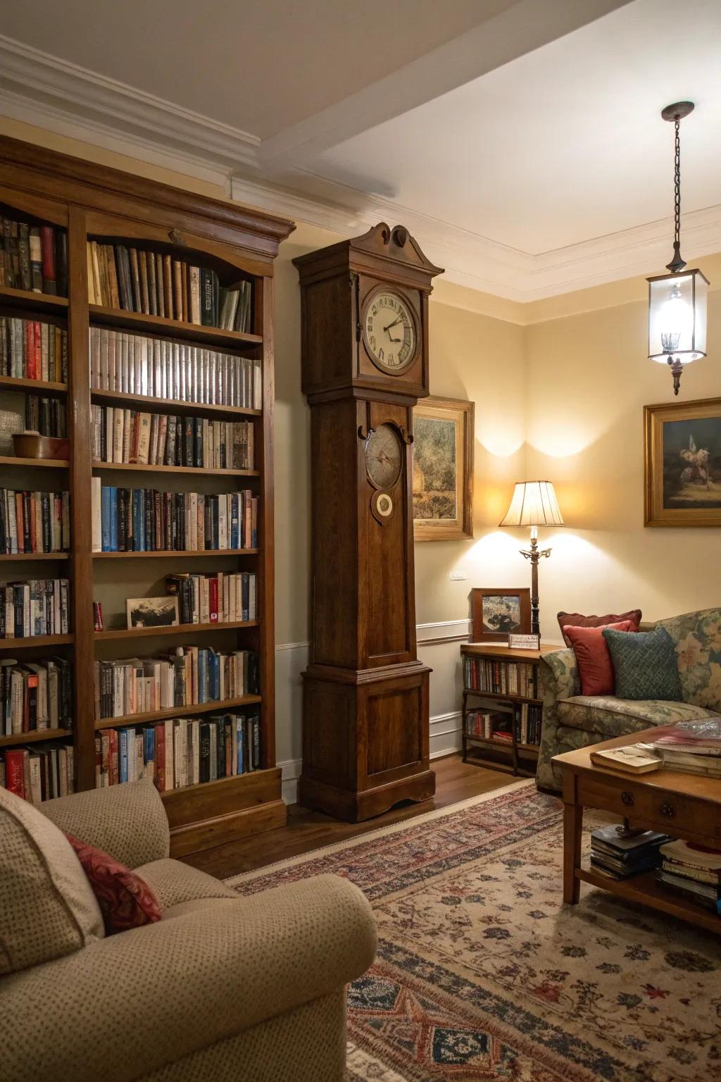 A time-honored sentinel completes the period library sensations within a lounge.