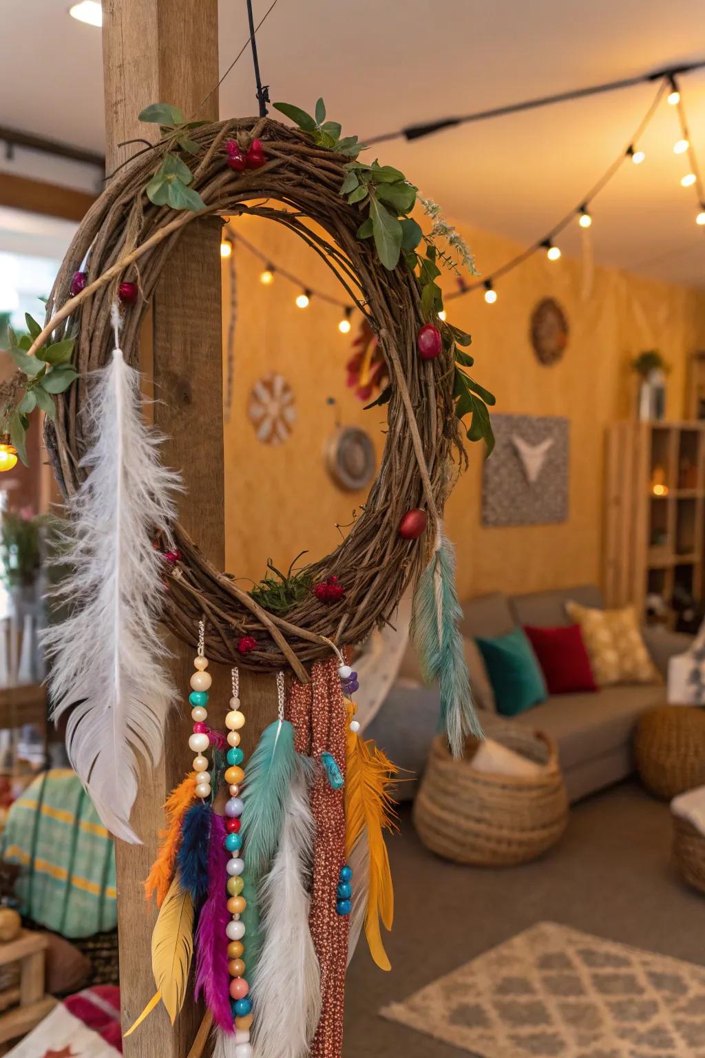 A bohemian-centric grapevine wreath featuring pendants and feathers.
