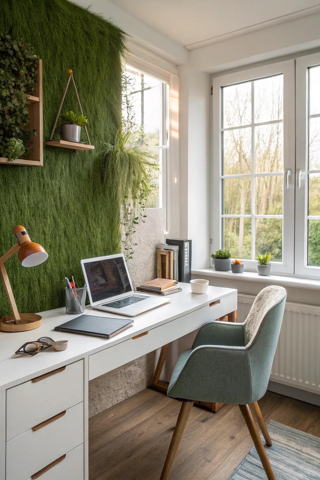 A vegetation-covered partition in the domestic office furnishes a revitalizing and tranquil vocational milieu.