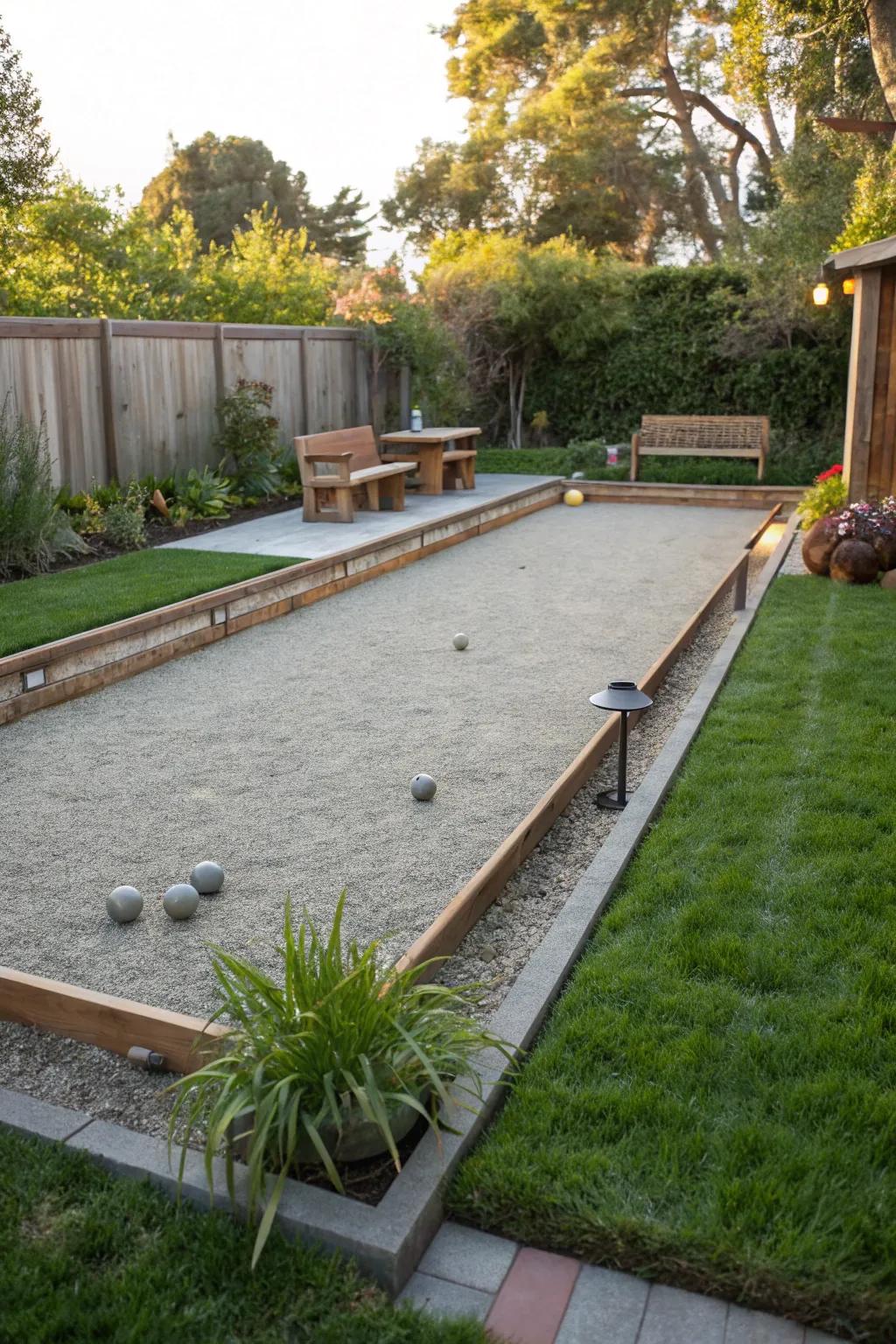 A playful bocce ball court crafted with chippings in a backyard.