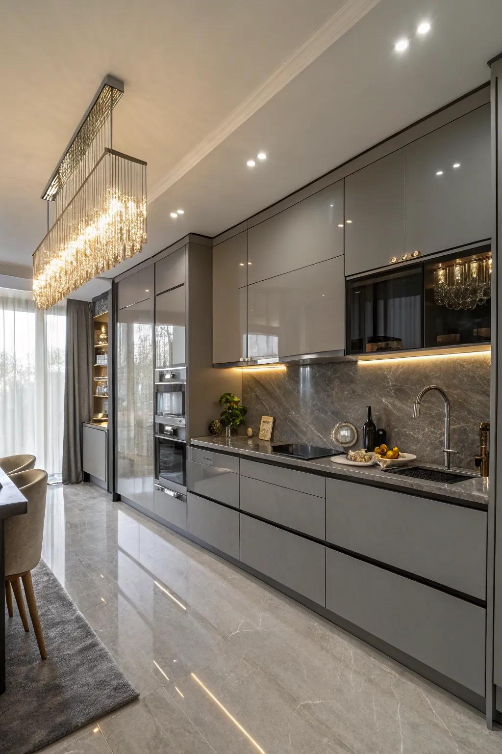 Glossy gray cabinets infuse a glamorous touch into this modern kitchen.