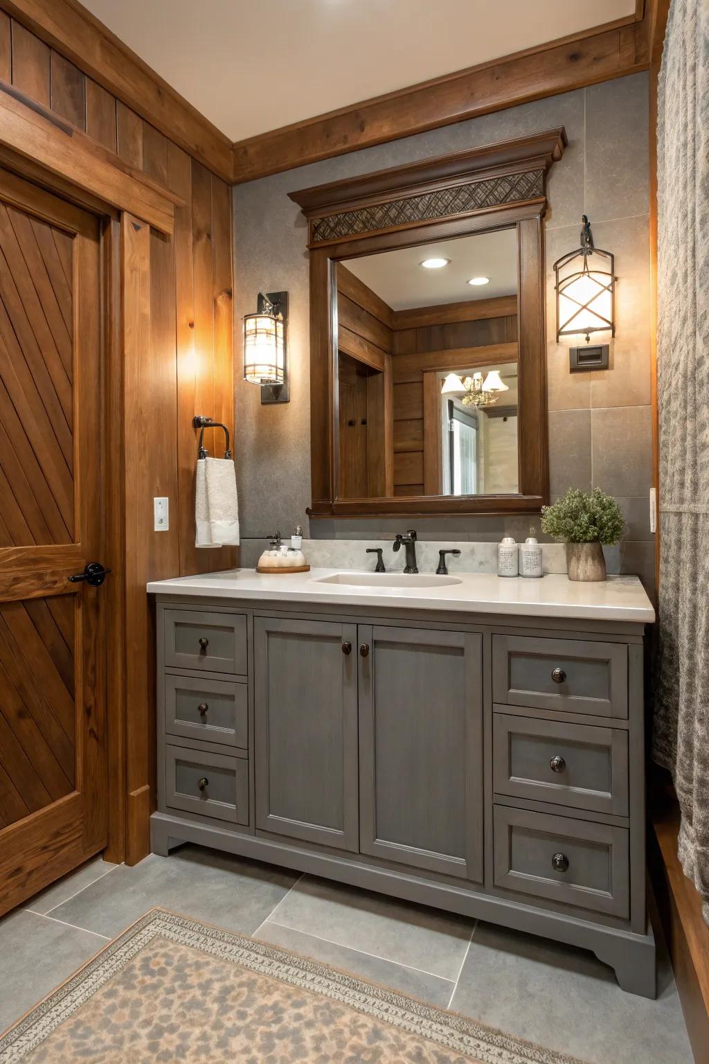 A cozy bathroom showcases a gray vanity complemented by wooden accents.