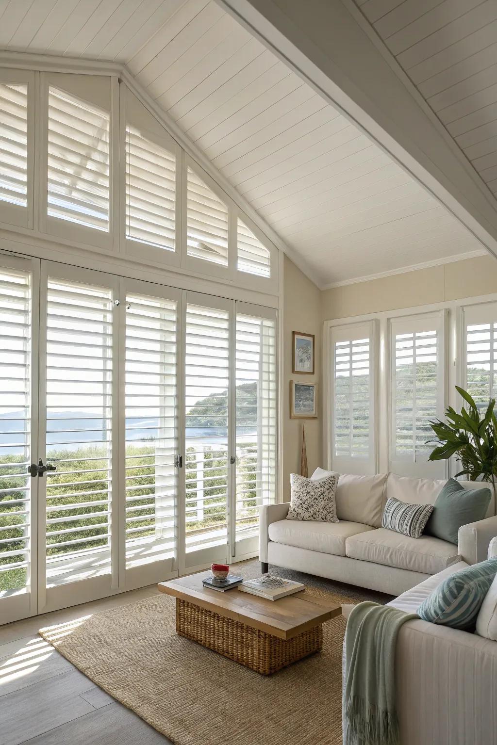 Louvered windows boost ventilation and add a unique look to this living room.