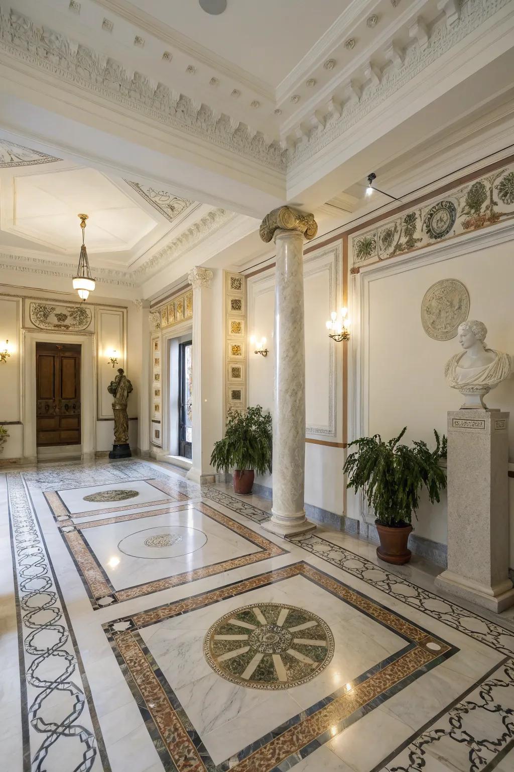 Stone flooring contributes grace and practicality to Hellenic interiors.