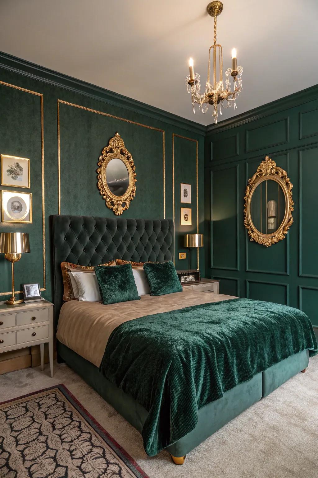 Deep sea green adds vintage elegance to this bedroom.