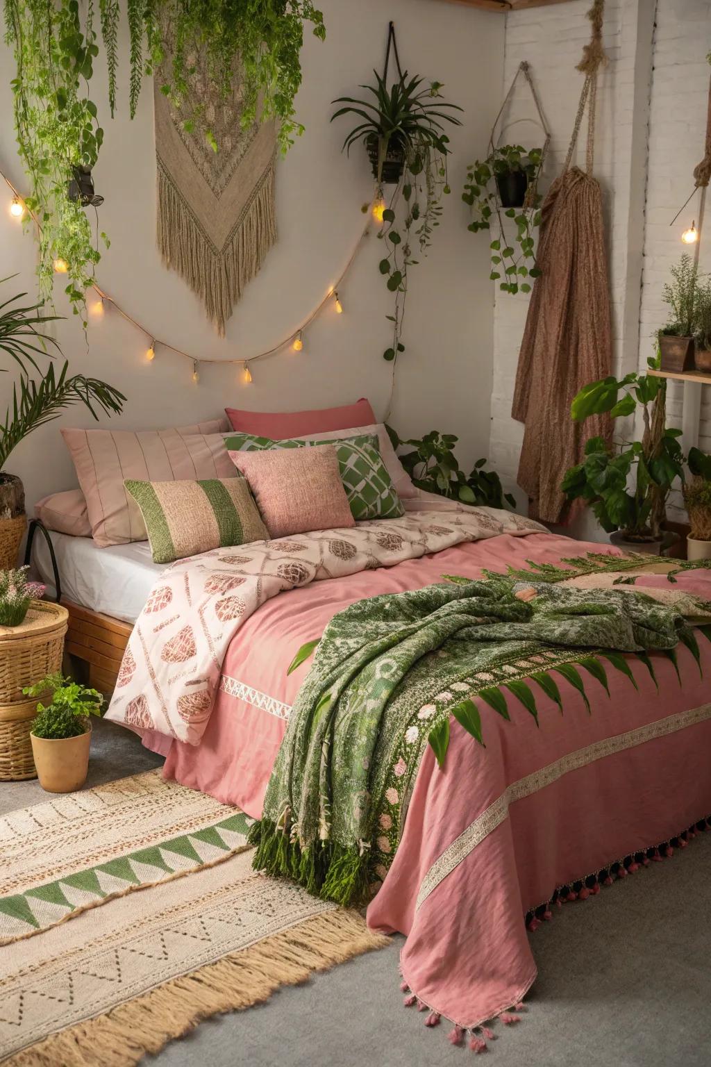 Bohemian layers of pink and green create a lively and expressive space.
