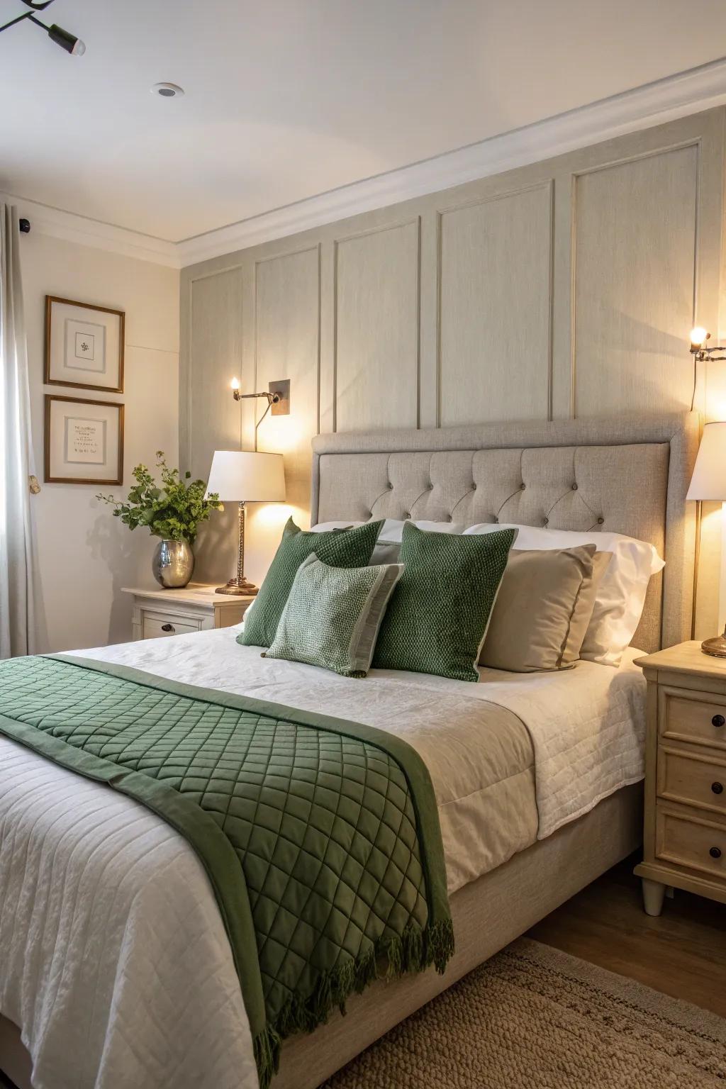 Green toss cushions contribute a subtle yet impactful burst of color to this bedroom.