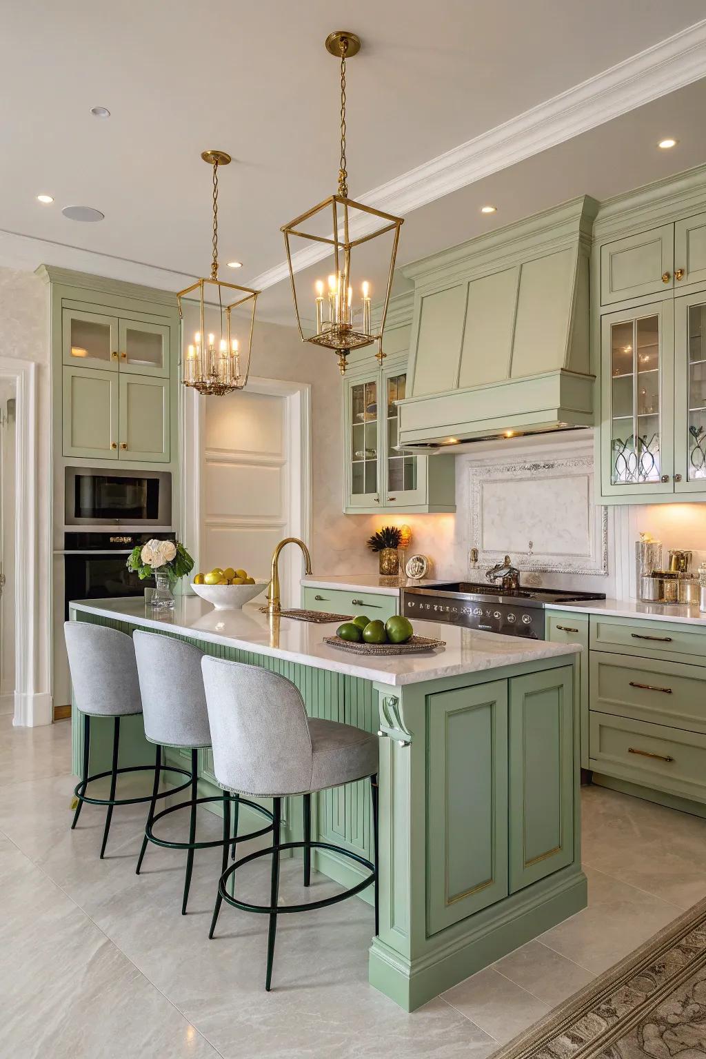Sophisticated kitchen featuring delicate almond leaf accents.