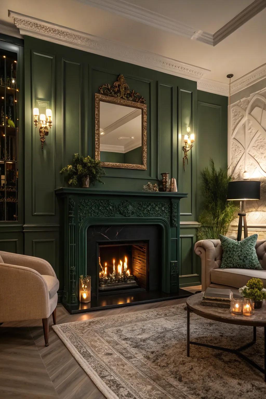 A moody living room featuring a dramatic deep green fireplace.