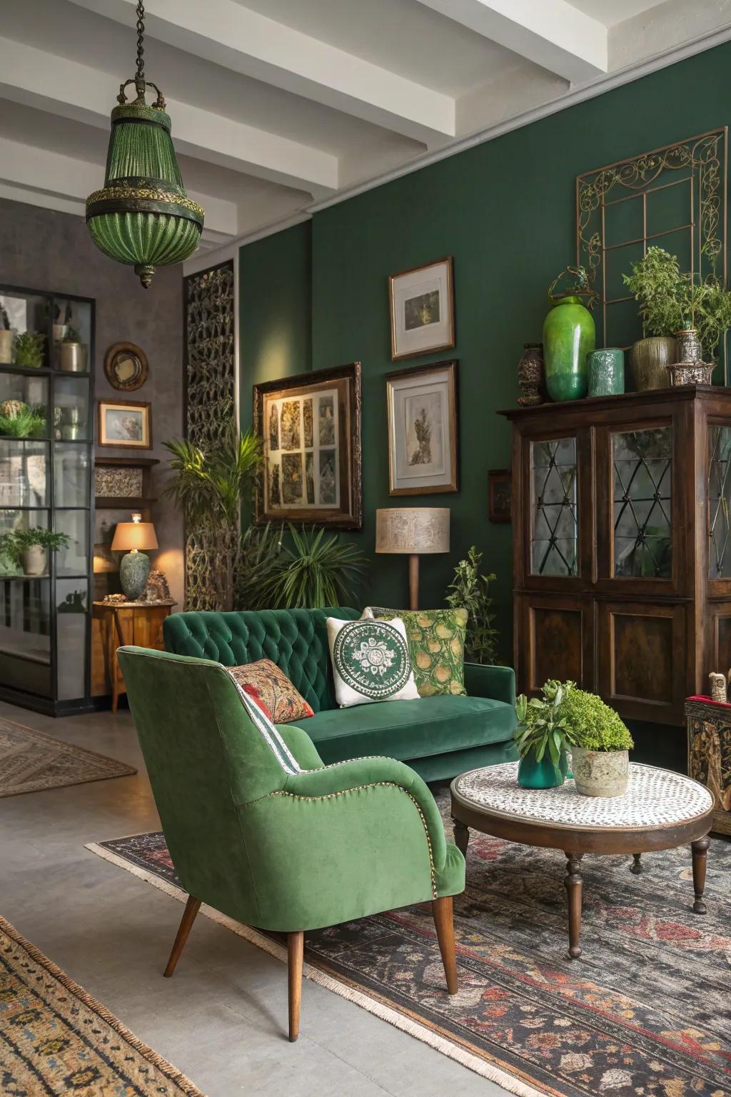 Green unifies diverse styles into a harmonious design.