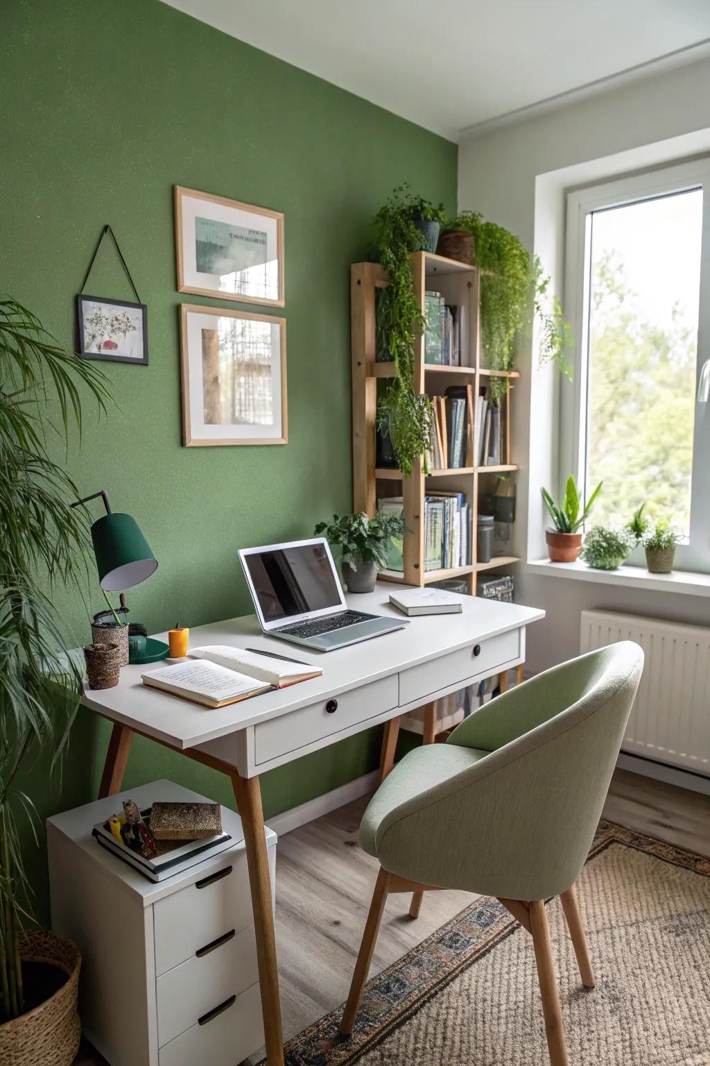 A creative home office enhanced by a verdant accent.