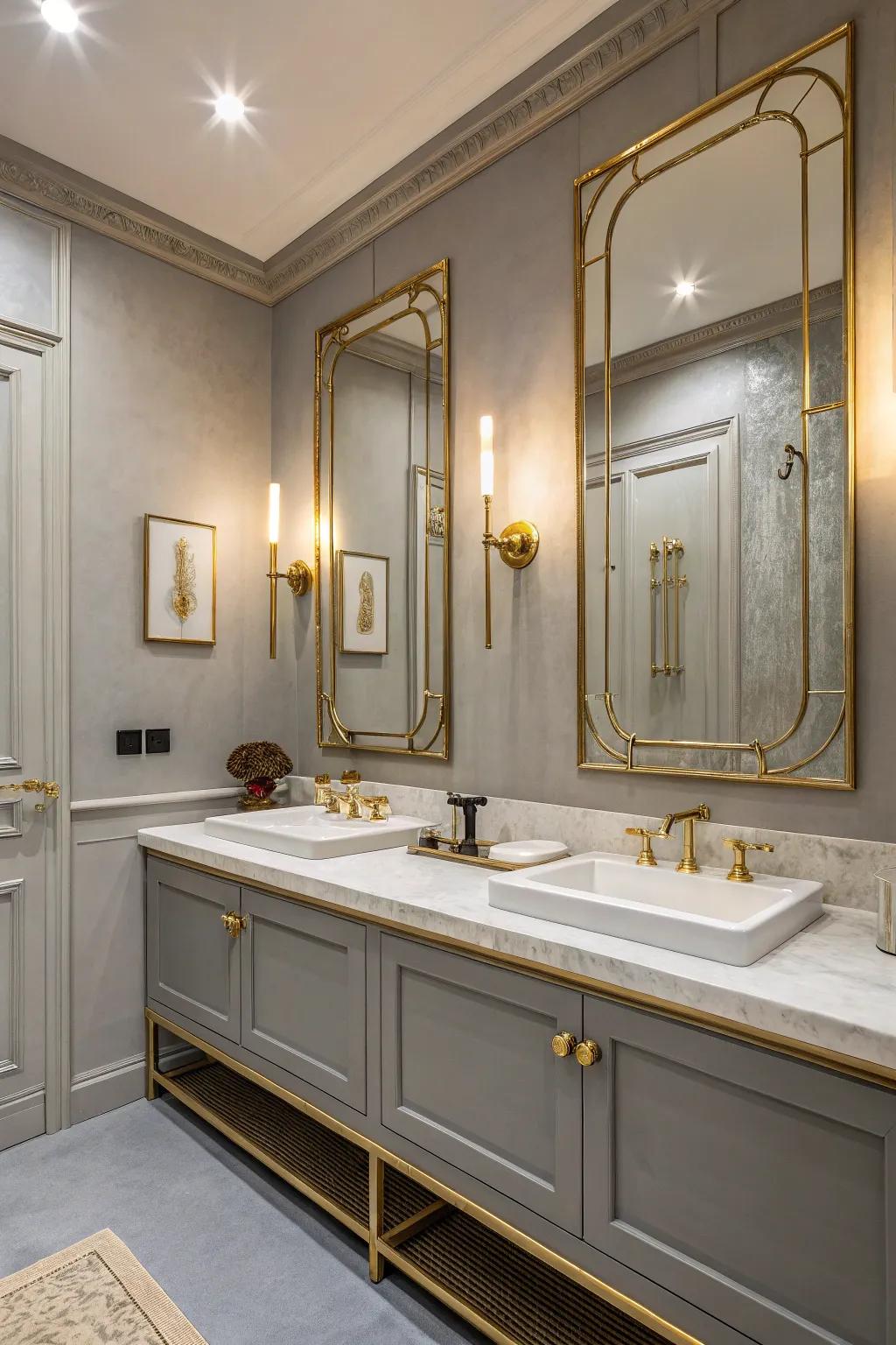 Grey walls and gold features create an artistic and luxurious bathroom design.