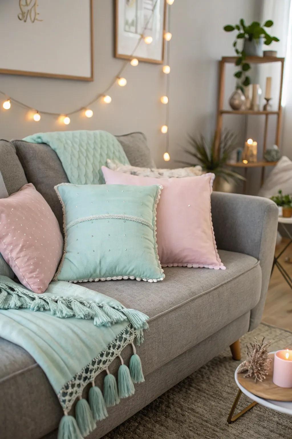 Delicate pastels create a calming atmosphere with a grey couch.