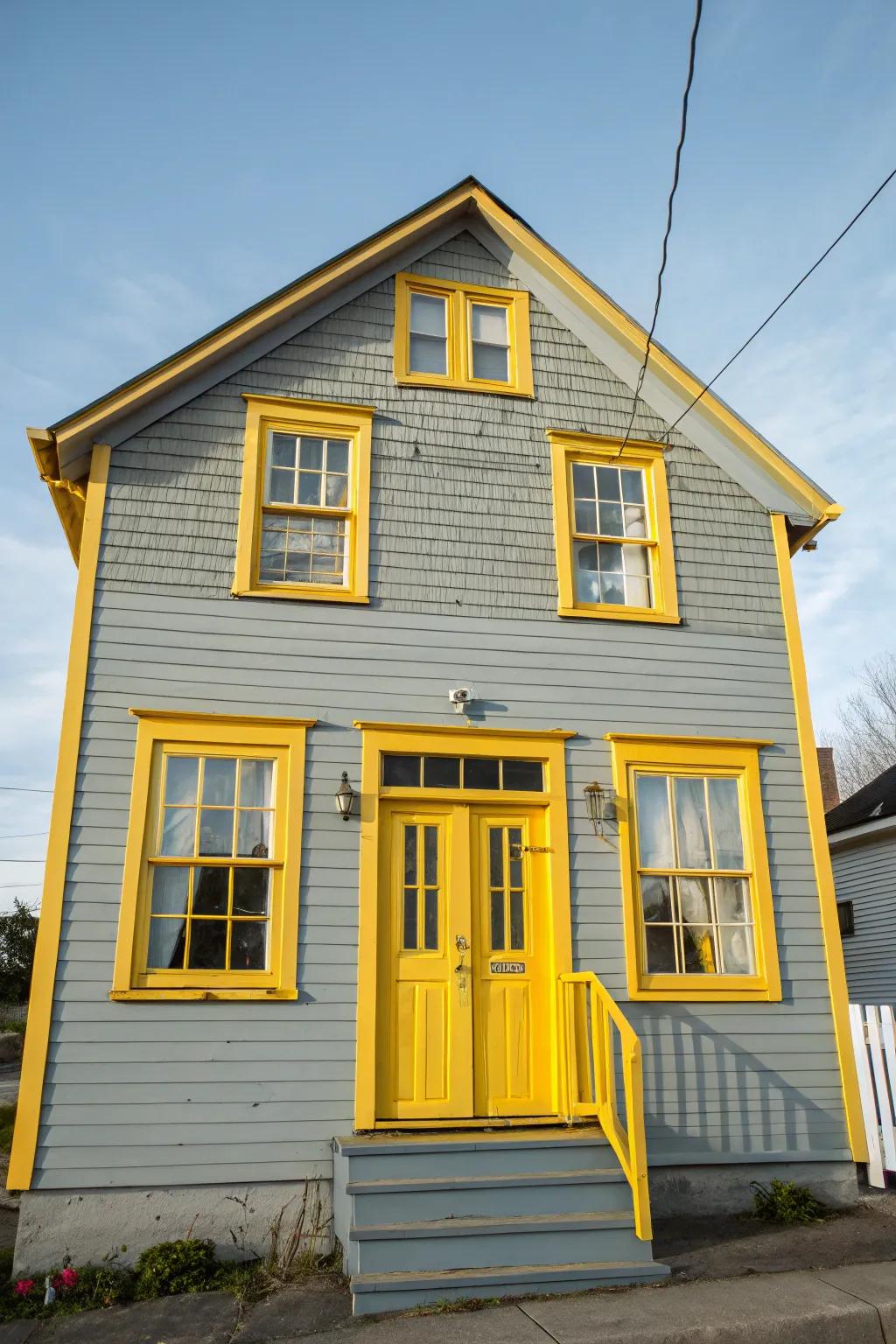 Golden highlights add a cheerful burst to a grey facade.
