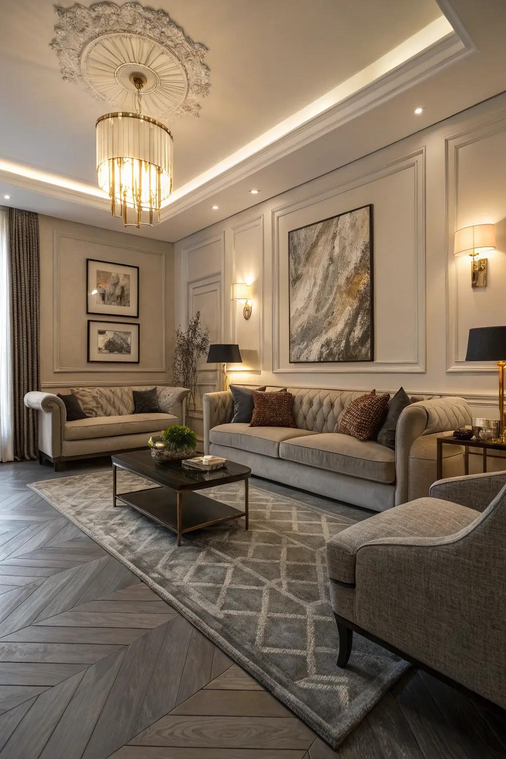 Grey herringbone flooring brings elegance to this stylish living room.