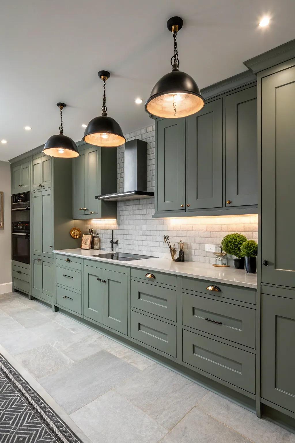 Statement lighting enhances the elegance of grey-green cabinets.