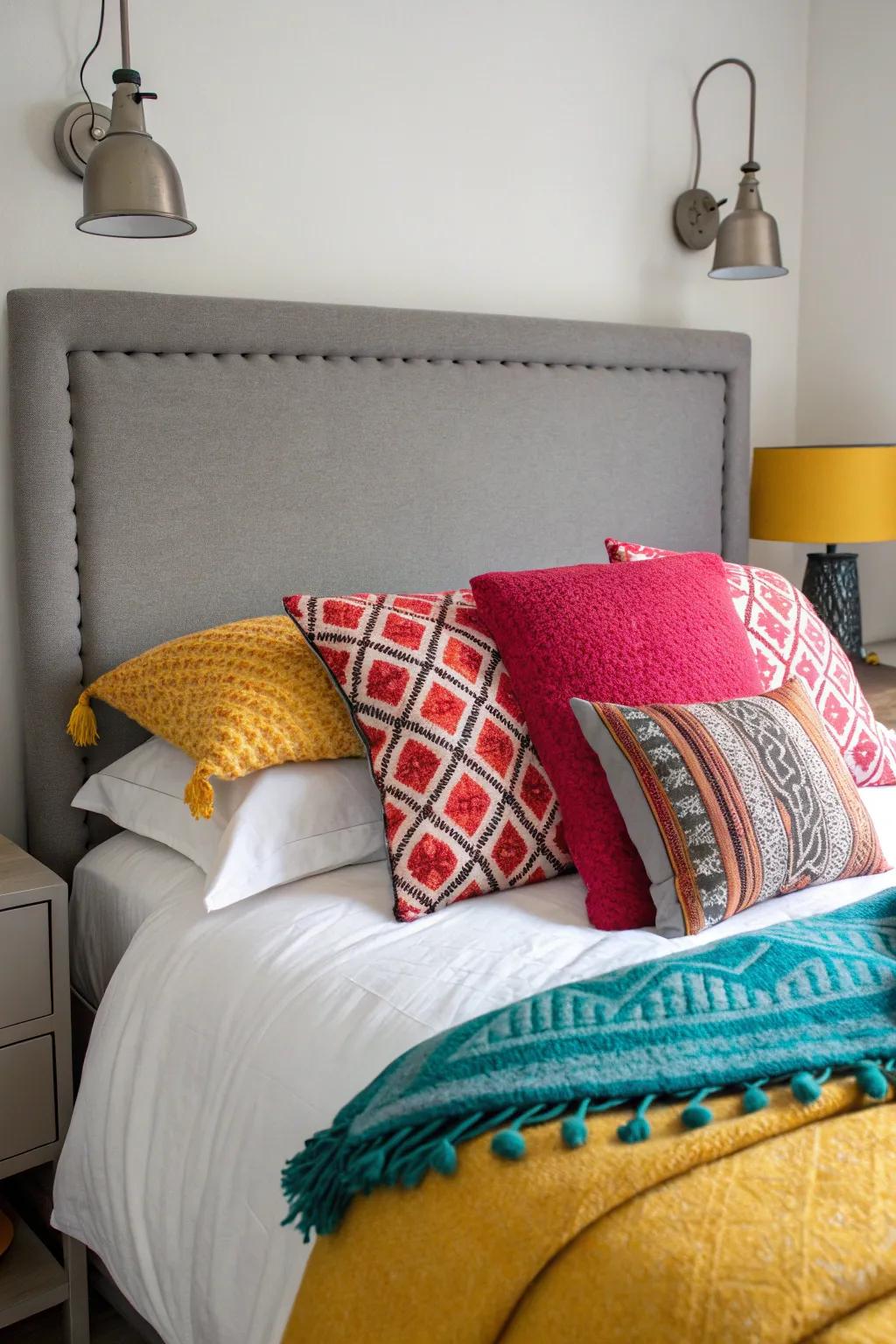 Intense colors inject energy into a bedroom featuring a grey headboard.