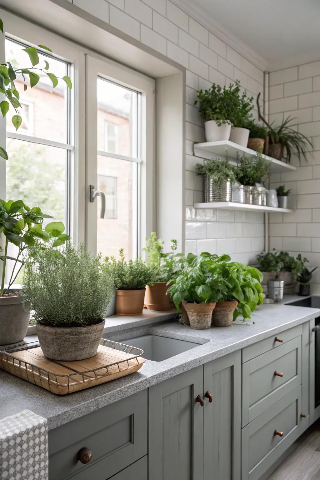 Verdure imparts vibrancy and vitality to a grey kitchen.