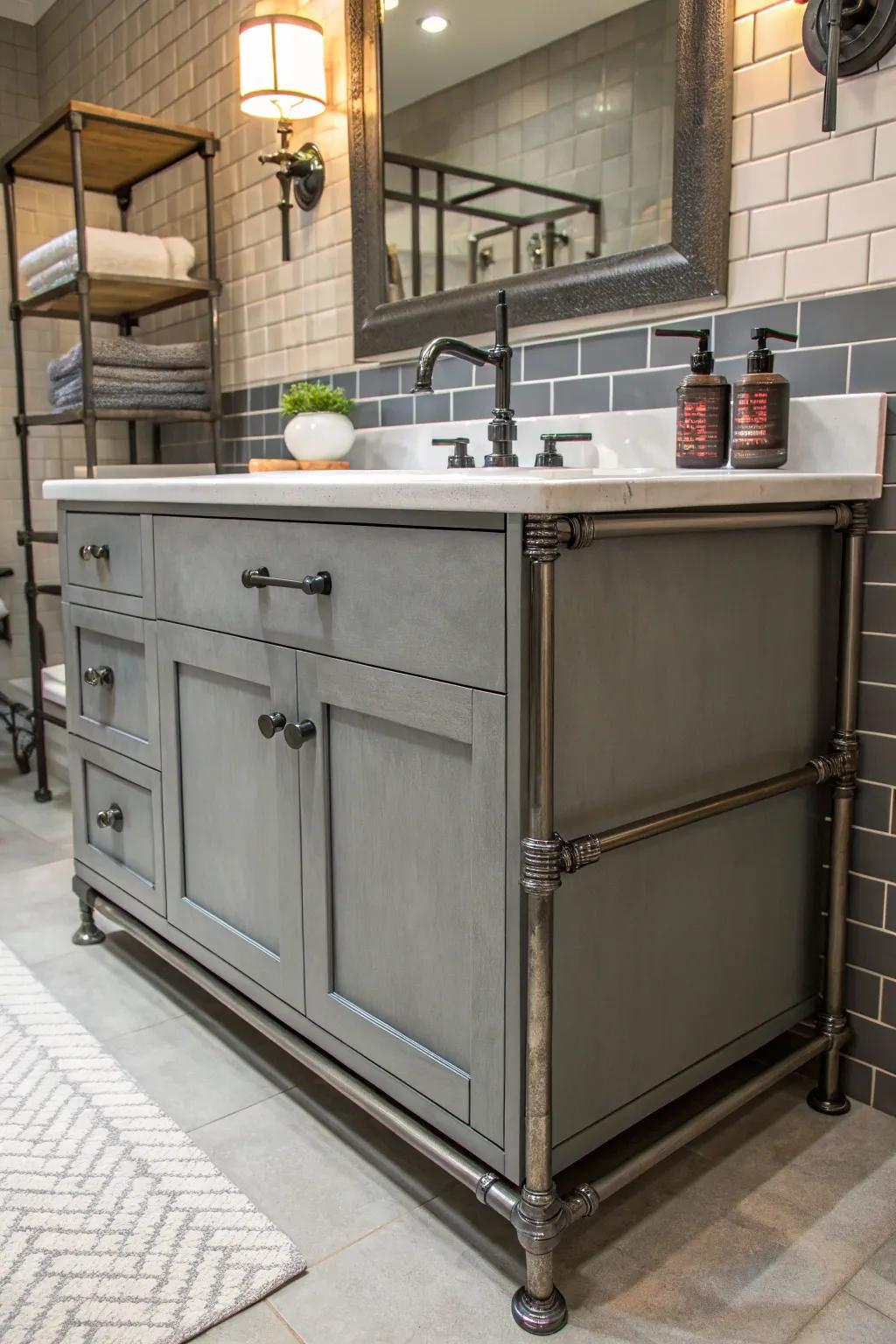 Industrial details provide an edgy, urban feel to the grey vanity setup.