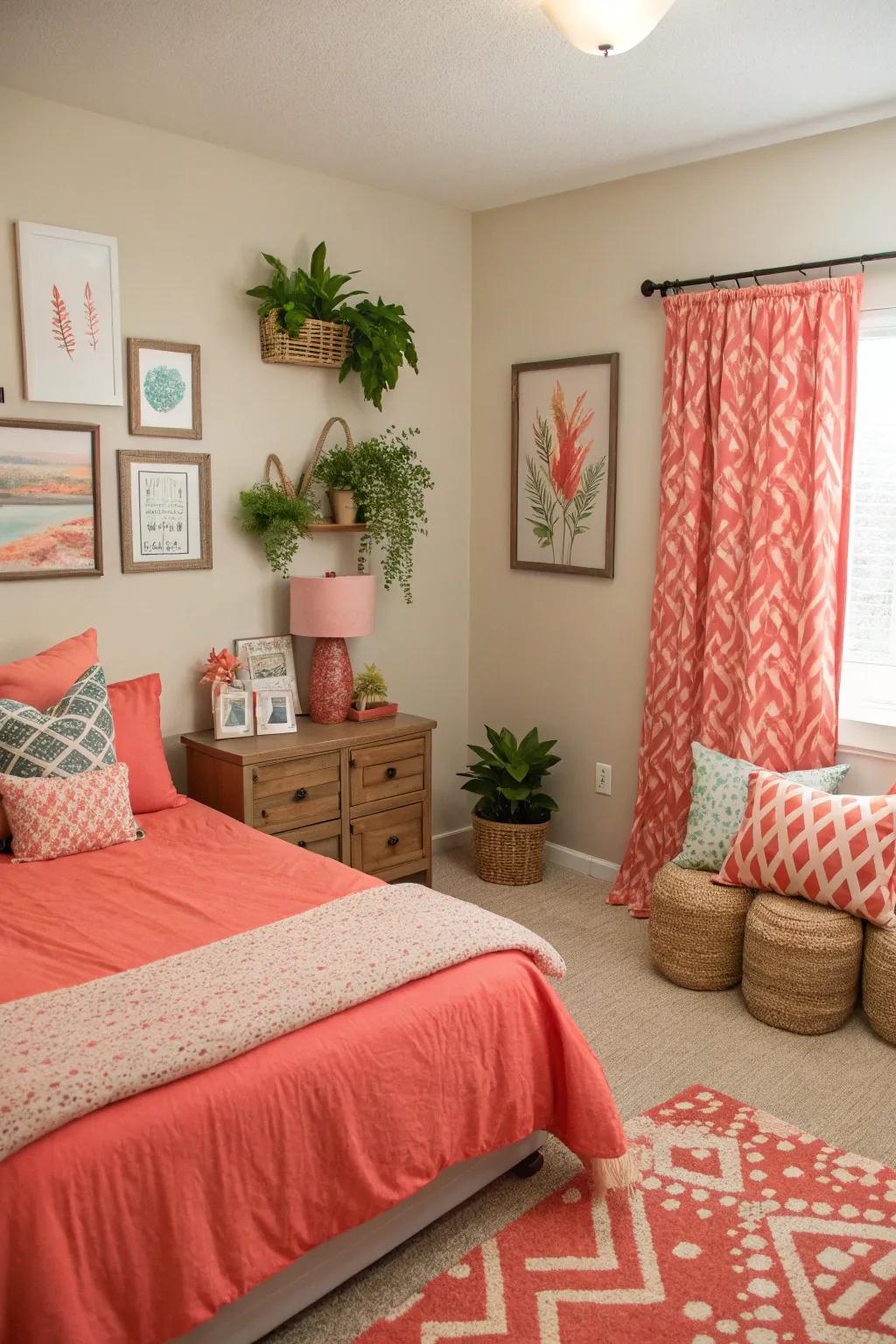 A guest room with vibrant coral touches for a lively atmosphere.