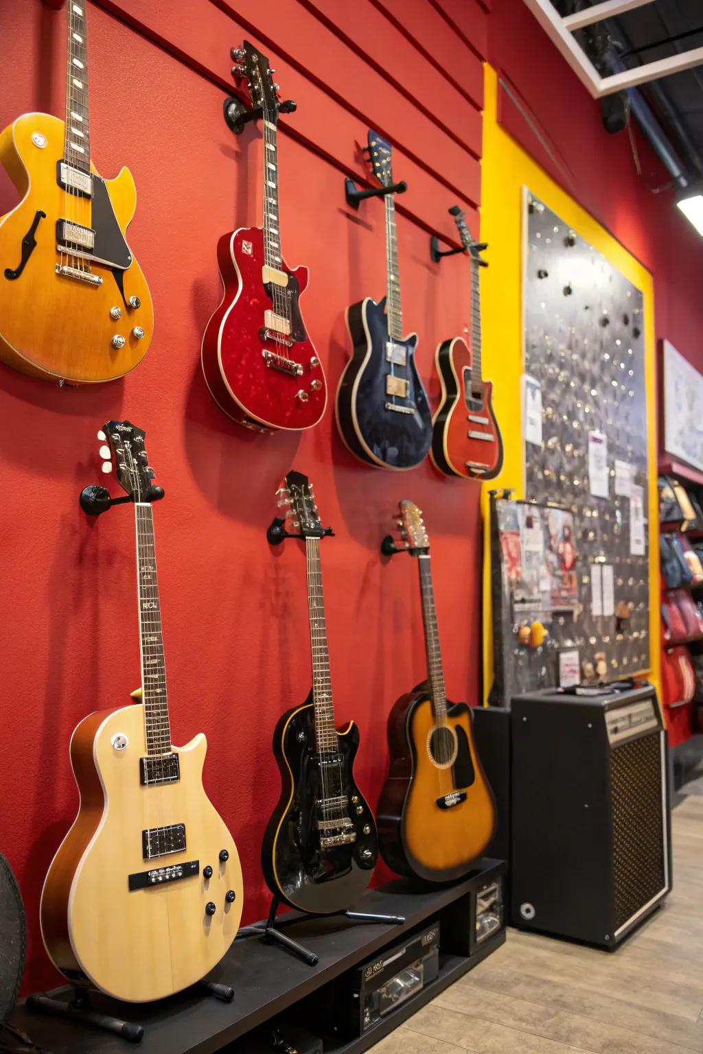 Guitars displayed on a boldly colored wall for maximum impact.