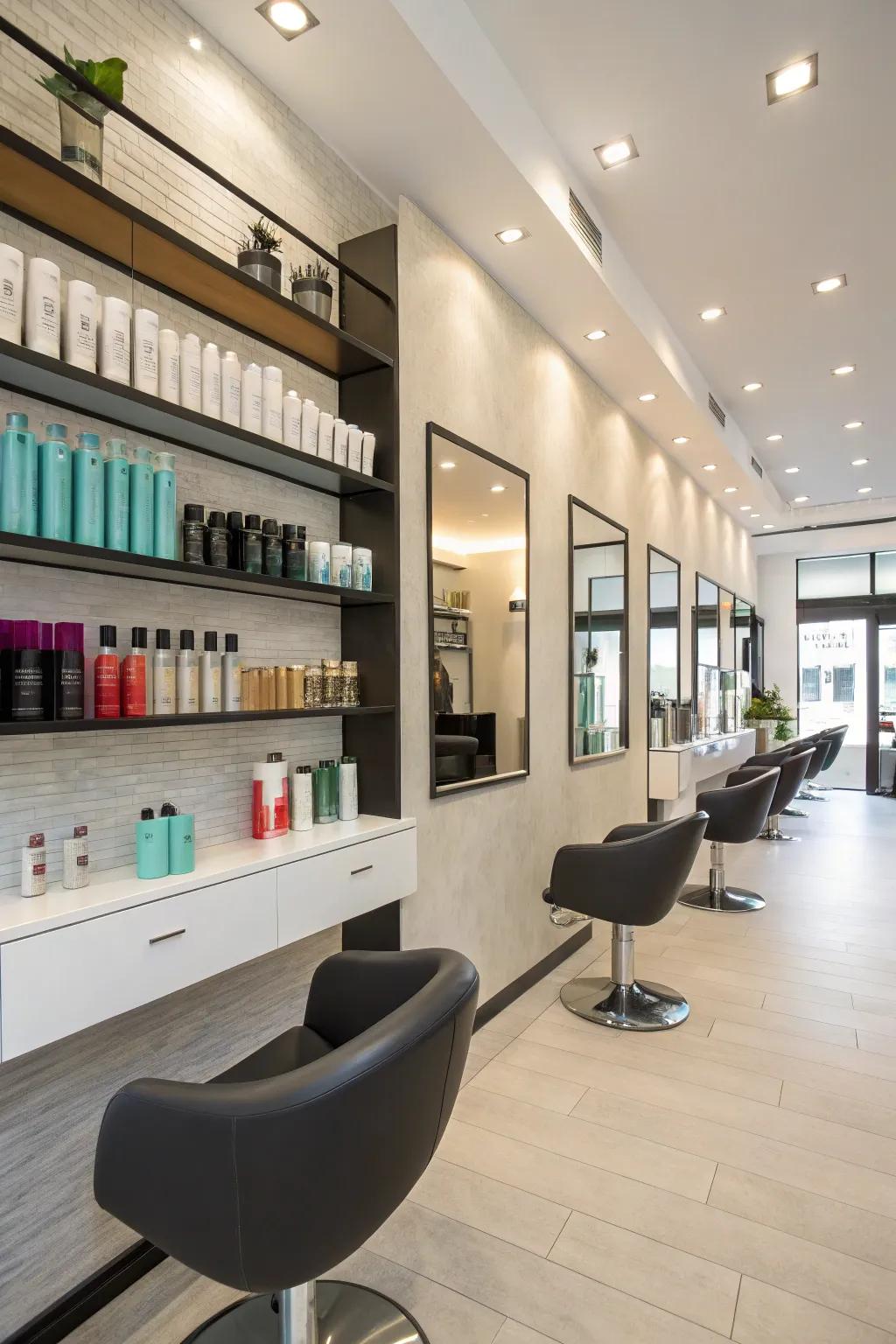 Hovering racks maximize area and highlight products.