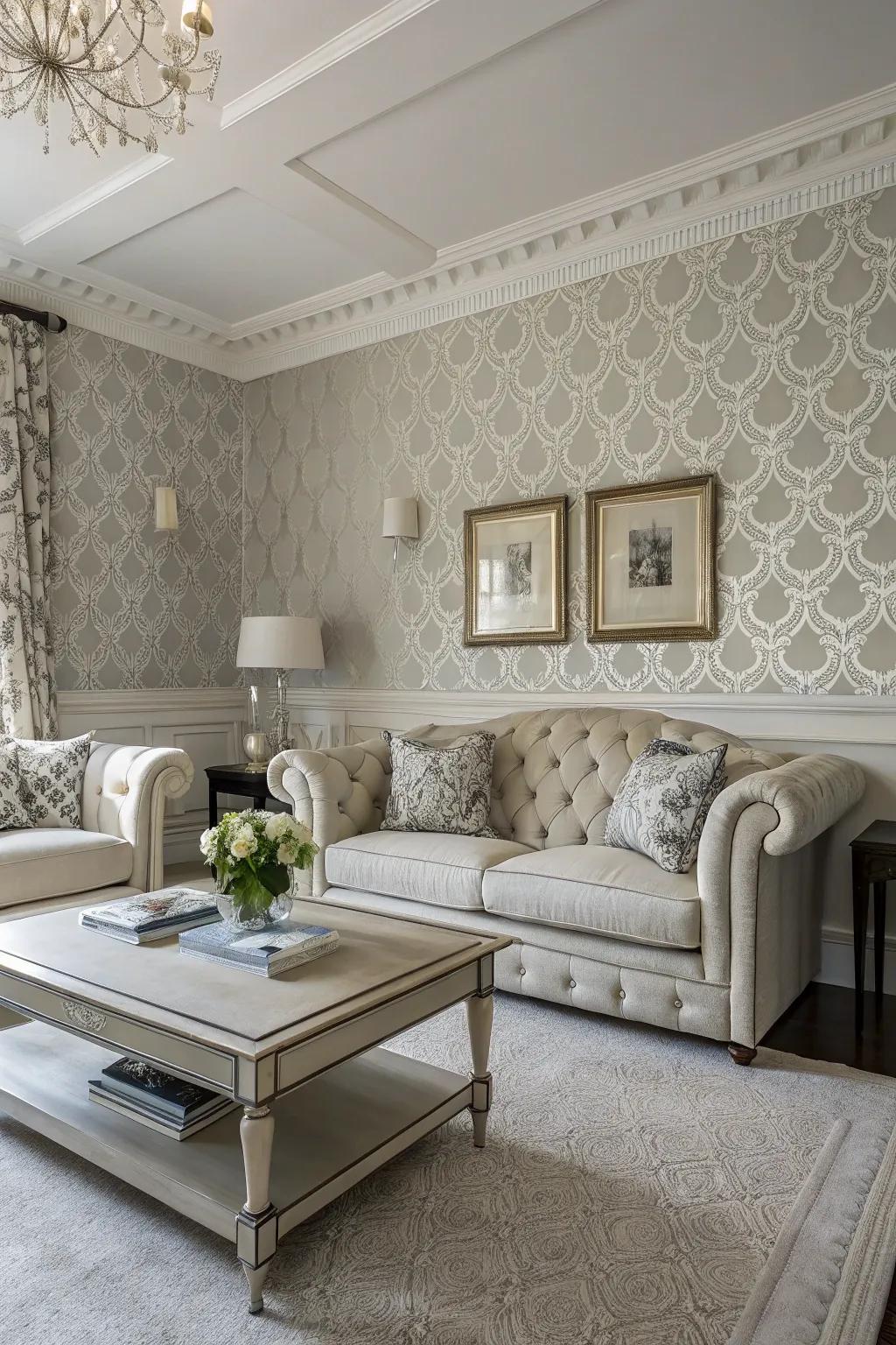 A classic living room with monochrome wallpaper and matching paint, exuding understated elegance.