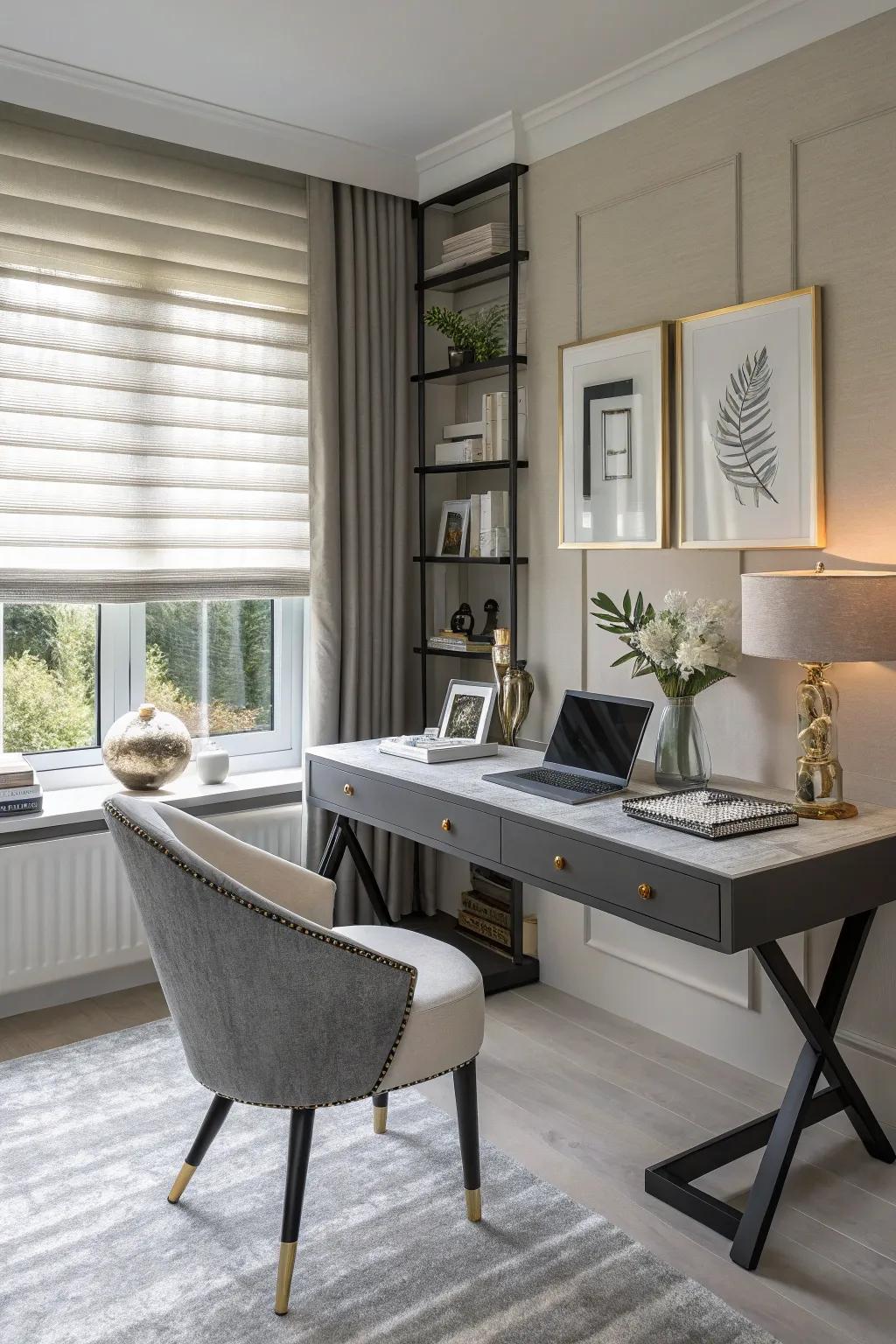 A chic home office featuring half window coverings.