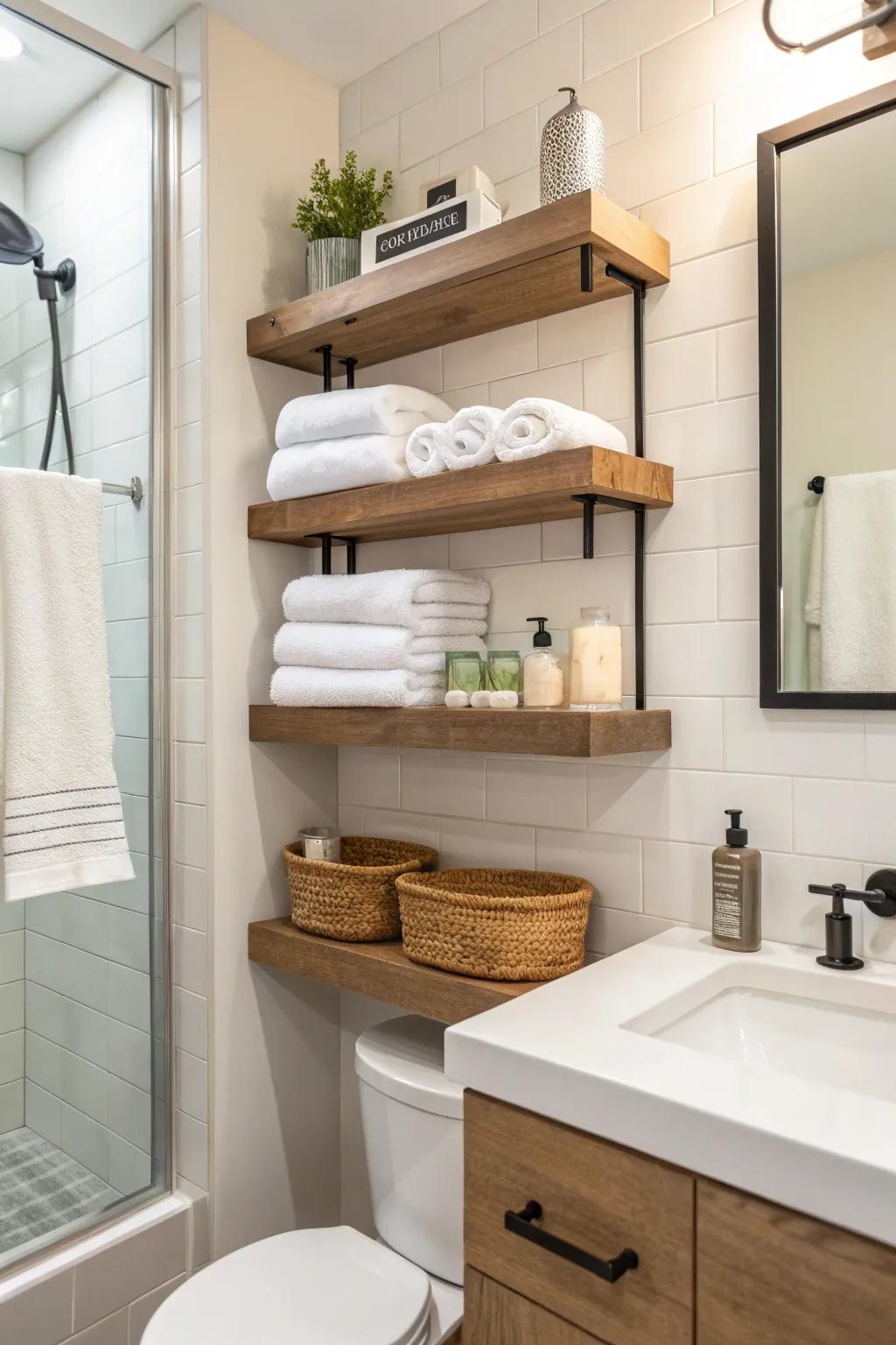 Floating shelves provide stylish storage solutions in a hall bathroom.