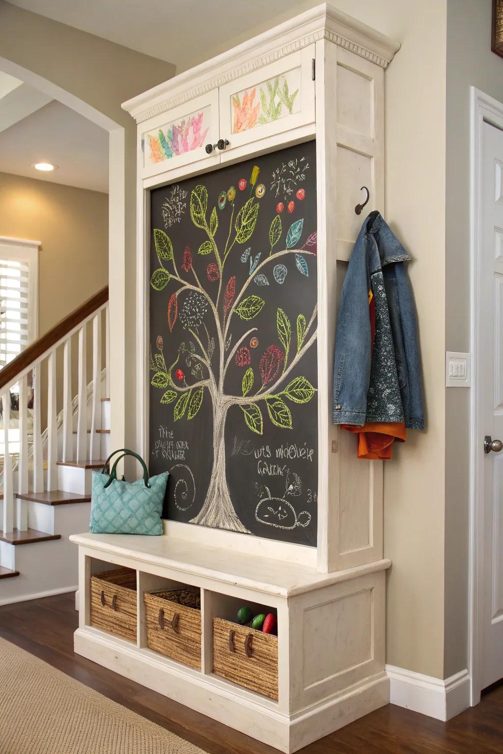 Have fun with a chalkboard-integrated hall tree.