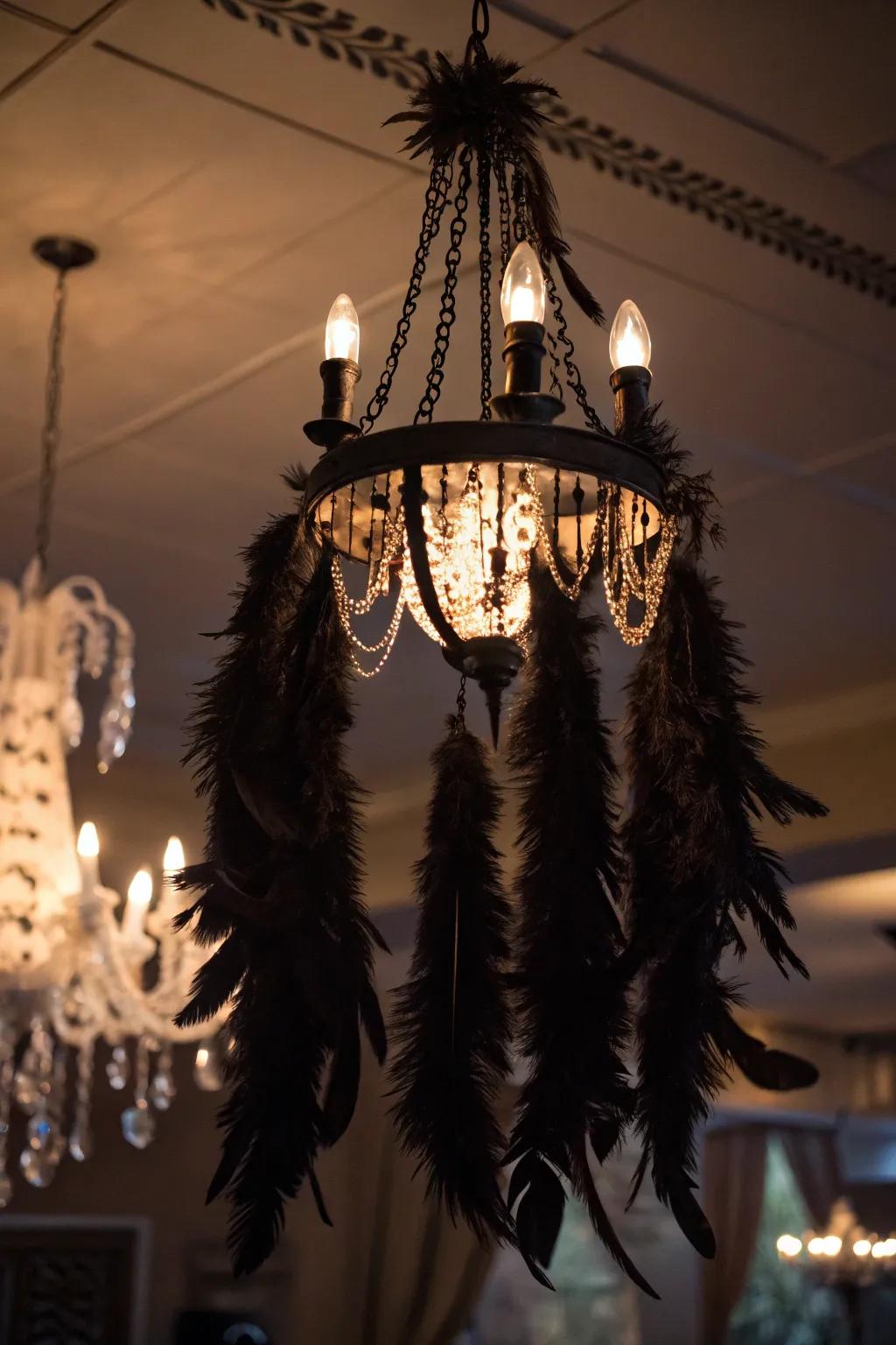 Feathers lend your Halloween chandelier a mystical quality.