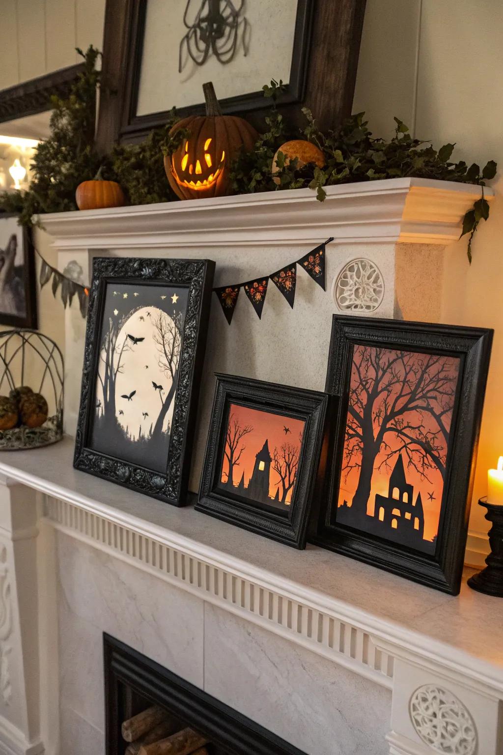 Eerie frames transform the mantel into a spooky gallery.