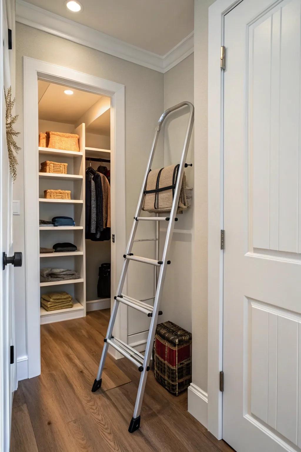 A foldable stepladder tucked neatly in a hallway closet for accessing high shelves.