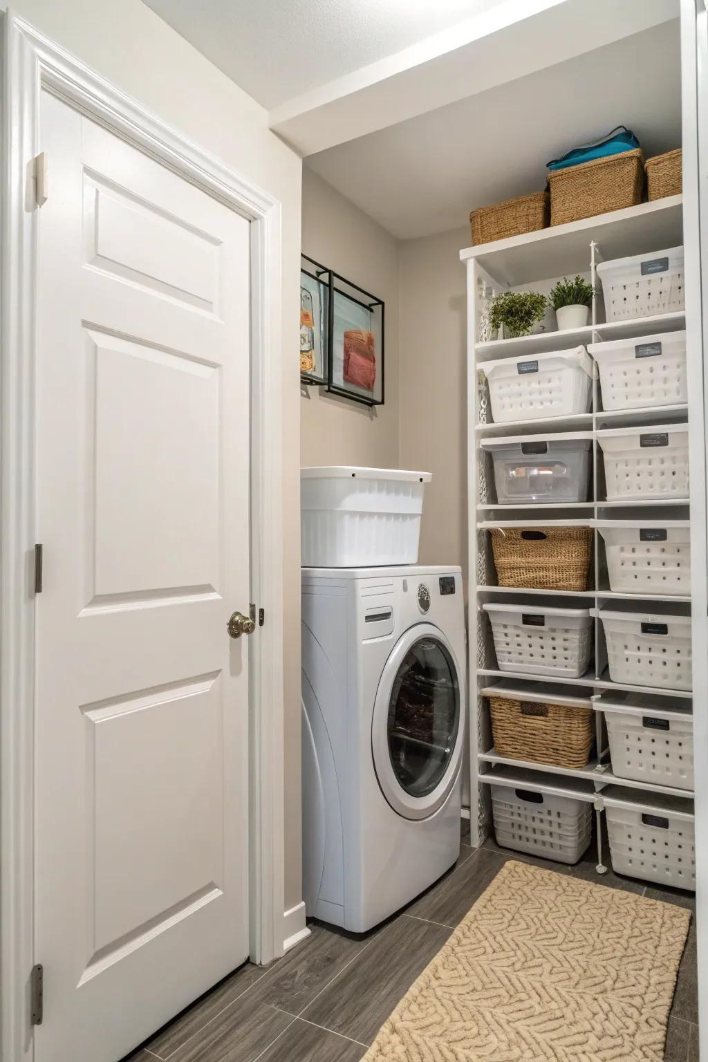 Upright stacking bins maximize area.