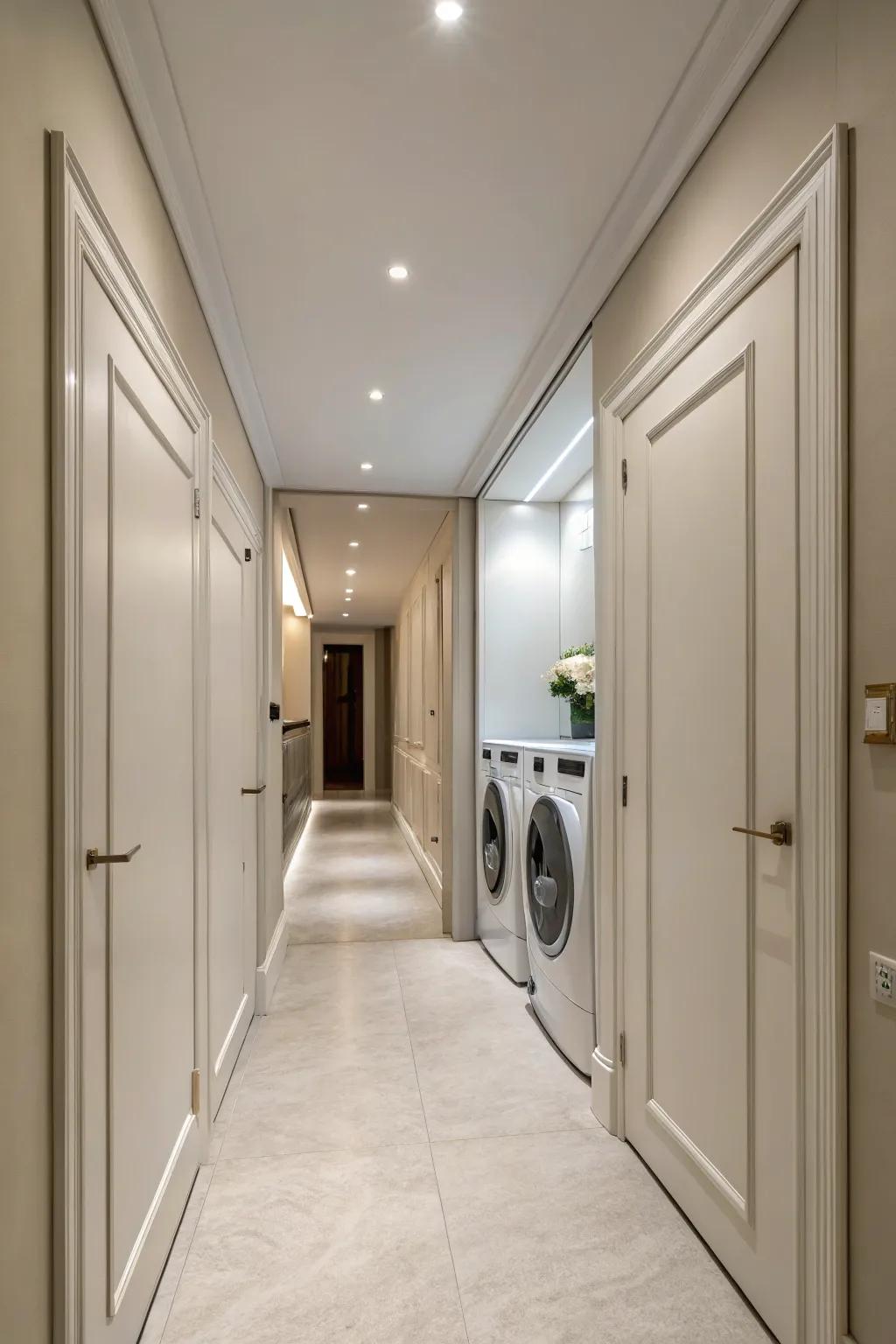 Invisible doors fashion a consistent and uncluttered corridor by concealing the washing room.
