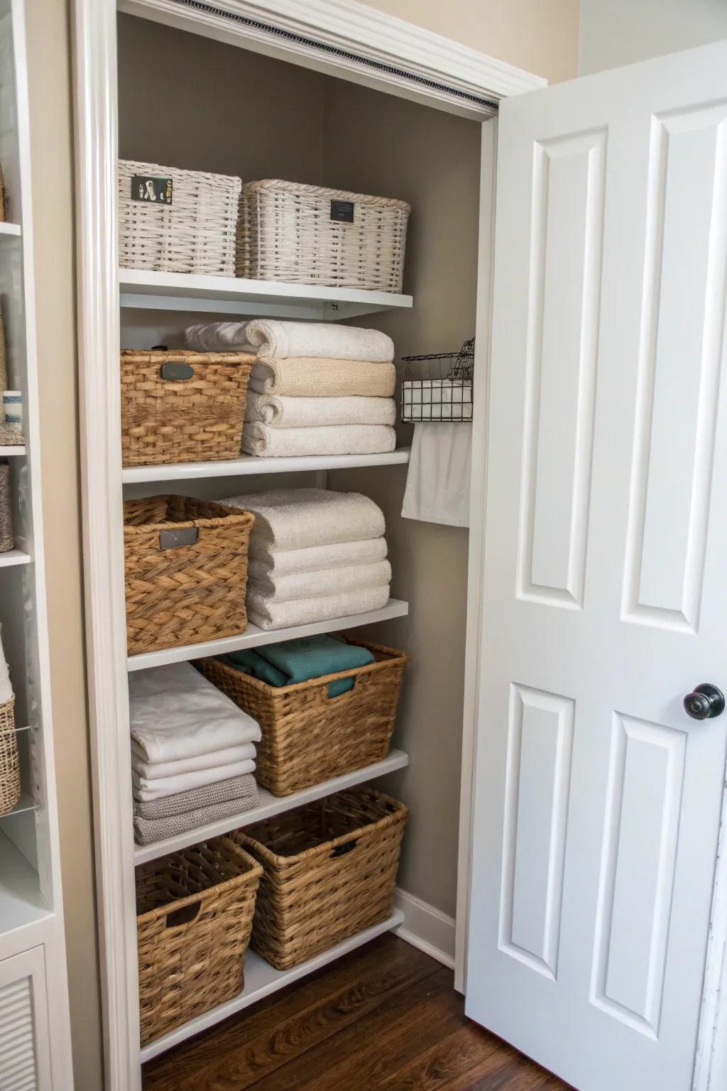 Hanging baskets effectively maximize under-shelf space.
