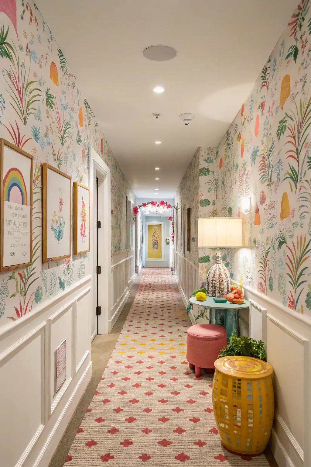 A corridor brimming with joy with playful patterned paper.