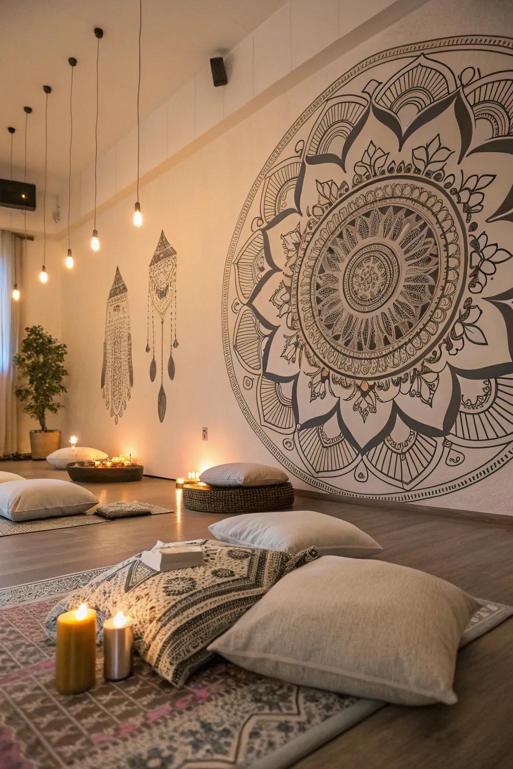 Mandala patterns bring balance to this meditation space.
