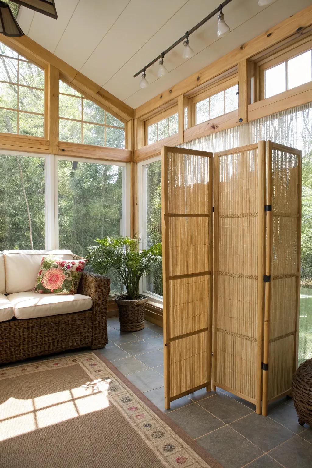 Bamboo screens introduce an eco-friendly, exotic vibe.
